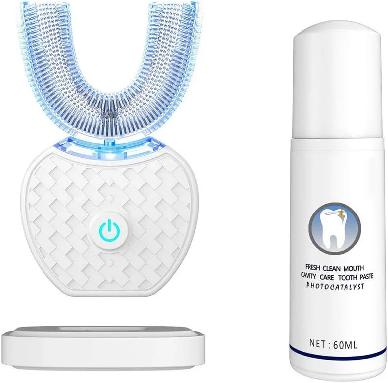 مسواک اتوماتیک التراسونیک، مسواک سونیک خودرو، مسواک سفید کننده دندان با تایمر، شارژ بی سیم، مسواک برقی التراسونیک 360 درجه برای بزرگسالان (سفید)