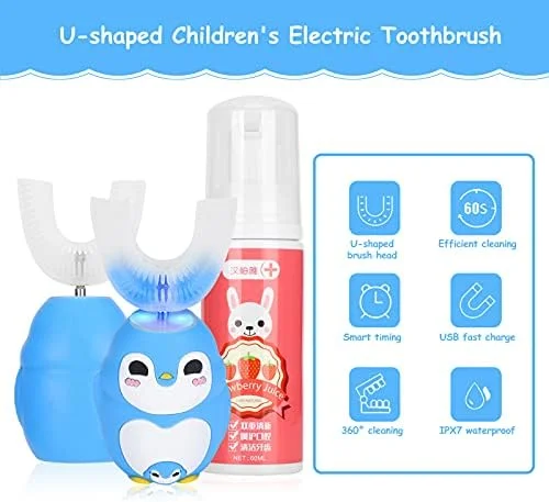 مسواک برقی التراسونیک U شکل، سر برس سیلیکا ژل نرم، مسواک کارتونی با 3 حالت و فوم تمیز کننده 60 میلی لیتری مسواک برقی التراسونیک U شکل، سر برس سیلیکا ژل نرم، مسواک کارتونی با 3 حالت و فوم تمیز کننده 60 میلی لیتری