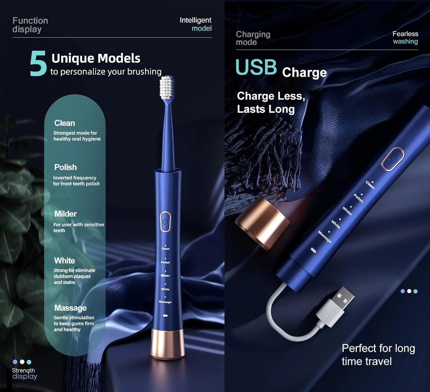 مسواک برقی اولتراسونیک با 6 سری-5 حالت، 60 روز ماندگاری شارژ، 31000 لرزش در دقیقه، ضد آب IPX7، بدنه منحنی (آبی)