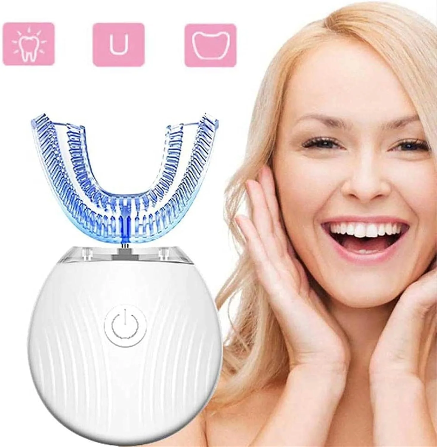 مسواک برقی نوع U UOOD، مسواک اولتراسونیک اتوماتیک U شکل، کیت سفید کننده دندان ضد آب، تمیز کننده دهان مسواک سفید کننده دندان با نور سرد 360 درجه، حمل آسان (رنگ: سفید)