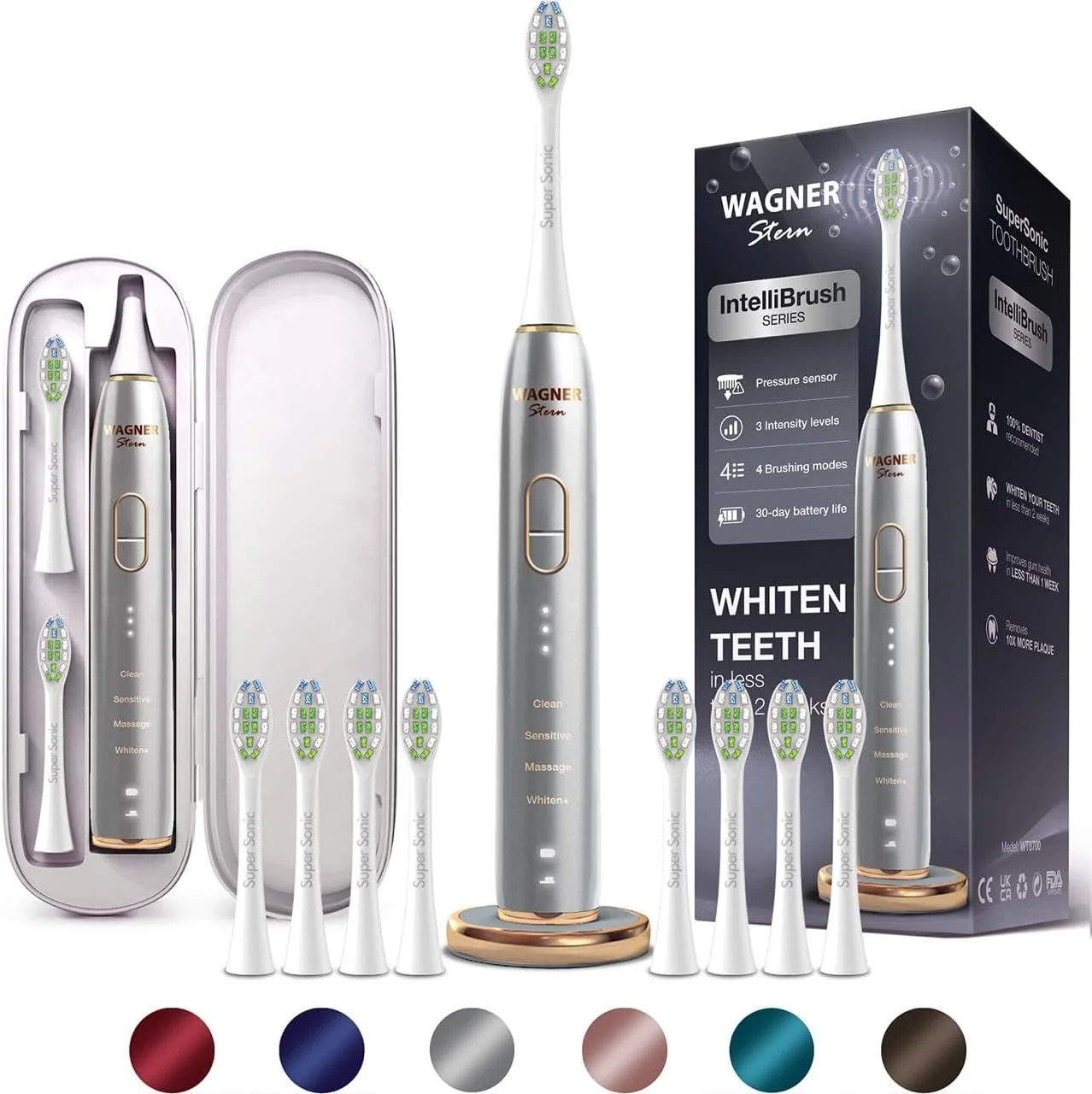 مسواک برقی سفید کننده سری Wagner Stern IntelliBrush با سنسور فشار. ارائه 4 حالت مسواک زدن، 3 شدت، 8 سر برس نرم و یک کیف مسافرتی لوکس.