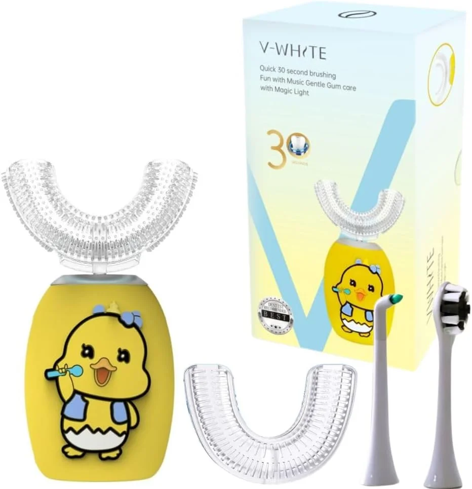 مسواک برقی کودک وی-وایت - مسواک های فراصوتی U شکل برای تمیزی دندان - پاکسازی 360 درجه دهان، محافظت از لثه بدون دخالت دست - شارژ بی سیم و چراغ LED - ضد آب دارای گواهی IPX7