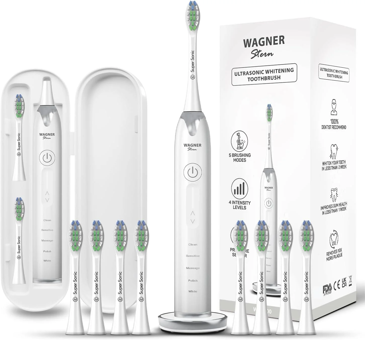 مسواک اولتراسونیک واگنر اشترن با حسگر فشار. 5 حالت مسواک زدن و 4 سطح شدت، 8 برس نرم، کیف مسافرتی.