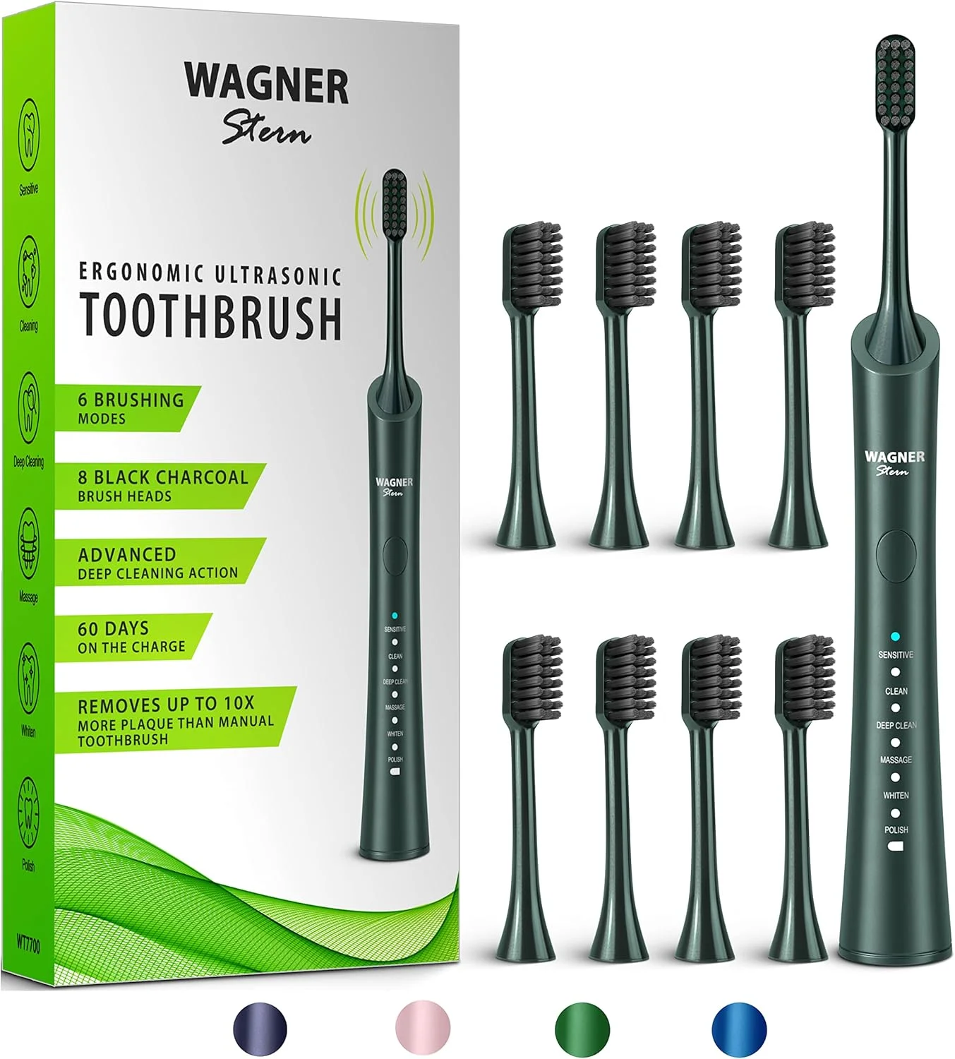 مسواک برقی اولتراسونیک واگنر اشترن با 8 سری مشکی ذغالی. برای تنفس تازه و لبخند سالم. (سبز)