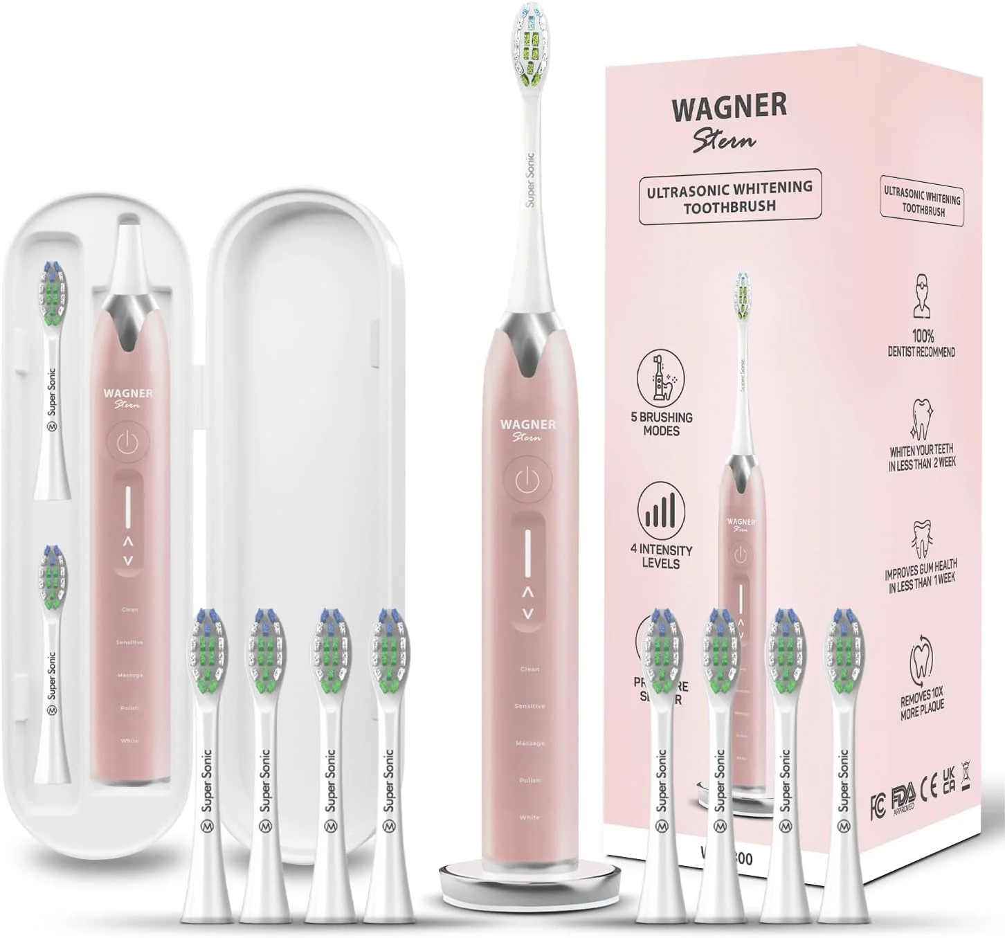 مسواک اولتراسونیک وایتنینگ واگنر اشترن با سنسور فشار. دارای 5 حالت مسواک زدن و 4 سطح شدت، 8 برس نرم و کیف مسافرتی.