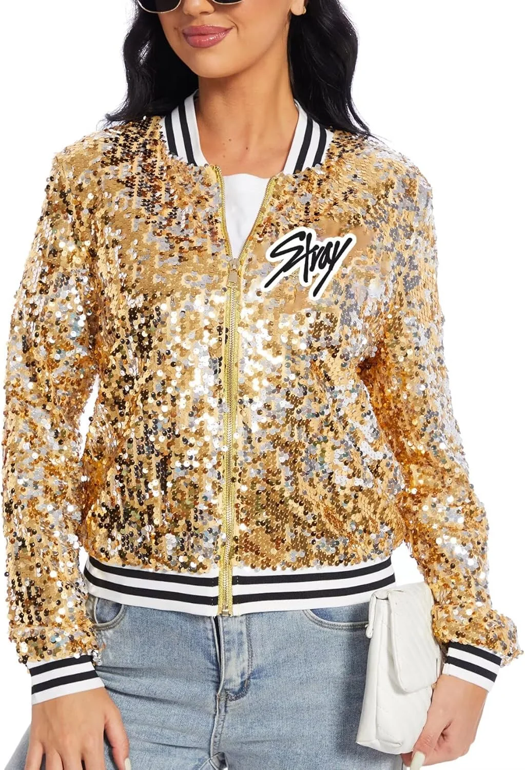 ژاکت پولکی آستین بلند زیپ دار زنانه مناسب مهمانی و استایل خیابانی