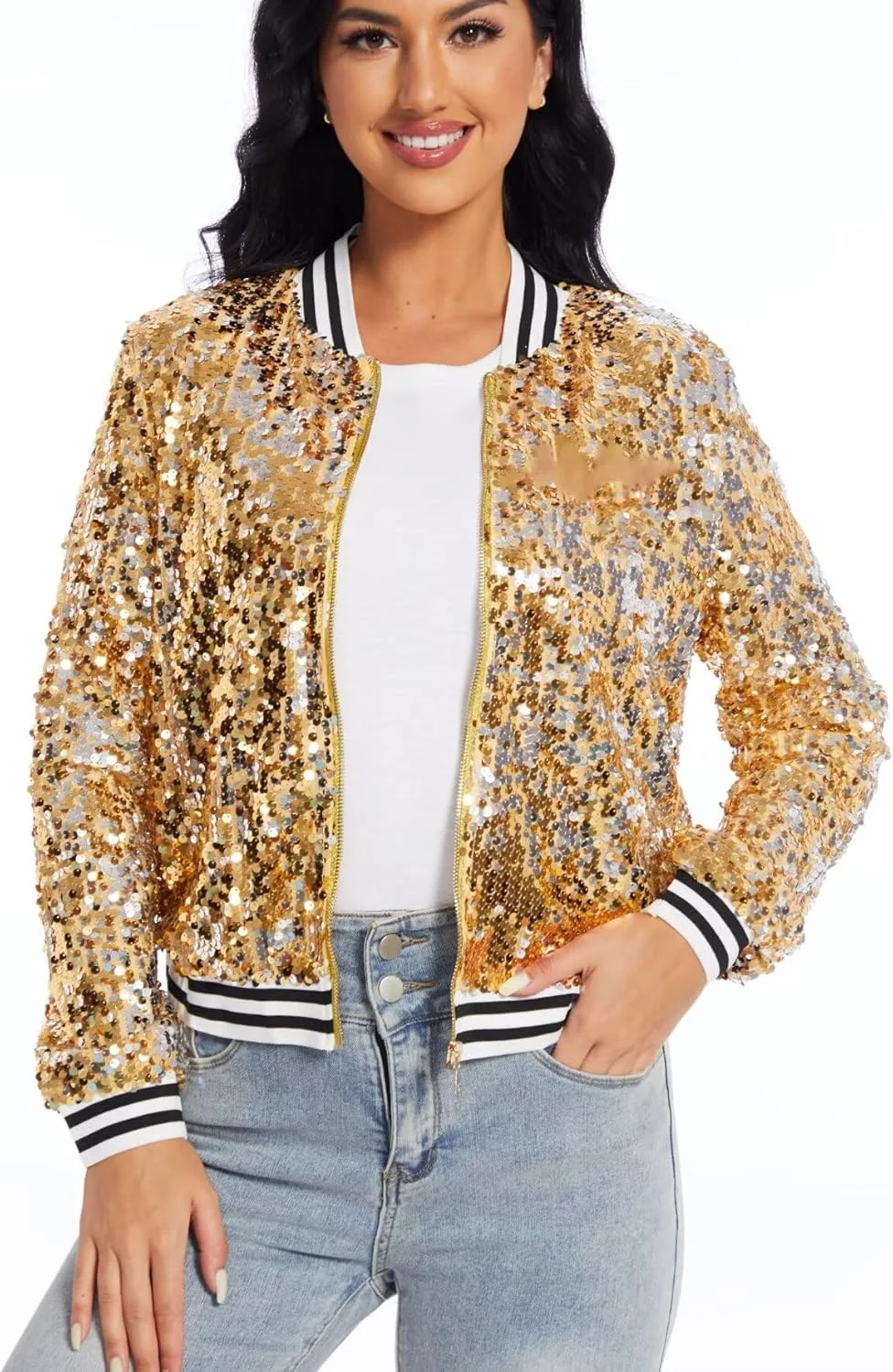 ژاکت پولکی آستین بلند زیپ دار زنانه مناسب مهمانی و استایل خیابانی