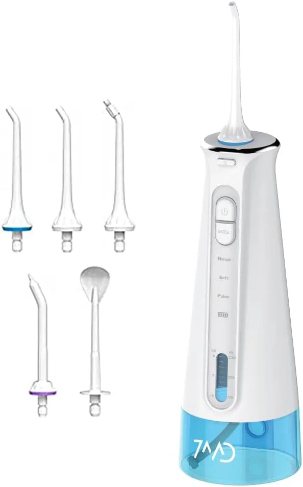 واتر فلاسر دهانی قابل حمل 7MD، تمیز کننده دندان فشار قوی قابل شارژ با مخزن آب قابل تنظیم، ضد آب IPX7، تمیز کننده دندان برای خانه، مسافرت، دفتر، بهداشت روزانه دهان و دندان