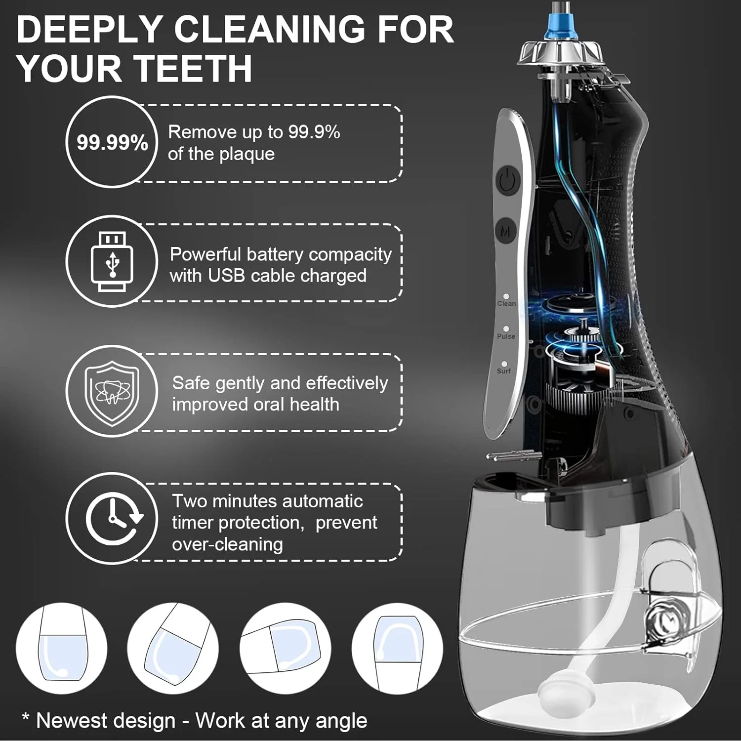 دستگاه شستشوی دهان و دندان بی سیم ACCL، تمیز کننده دندان قابل حمل 350 میلی لیتری، مناسب برای مراقبت از دندان در خانه و مسافرت، 3 حالت با 5 سری و کیف مسافرتی - خاکستری