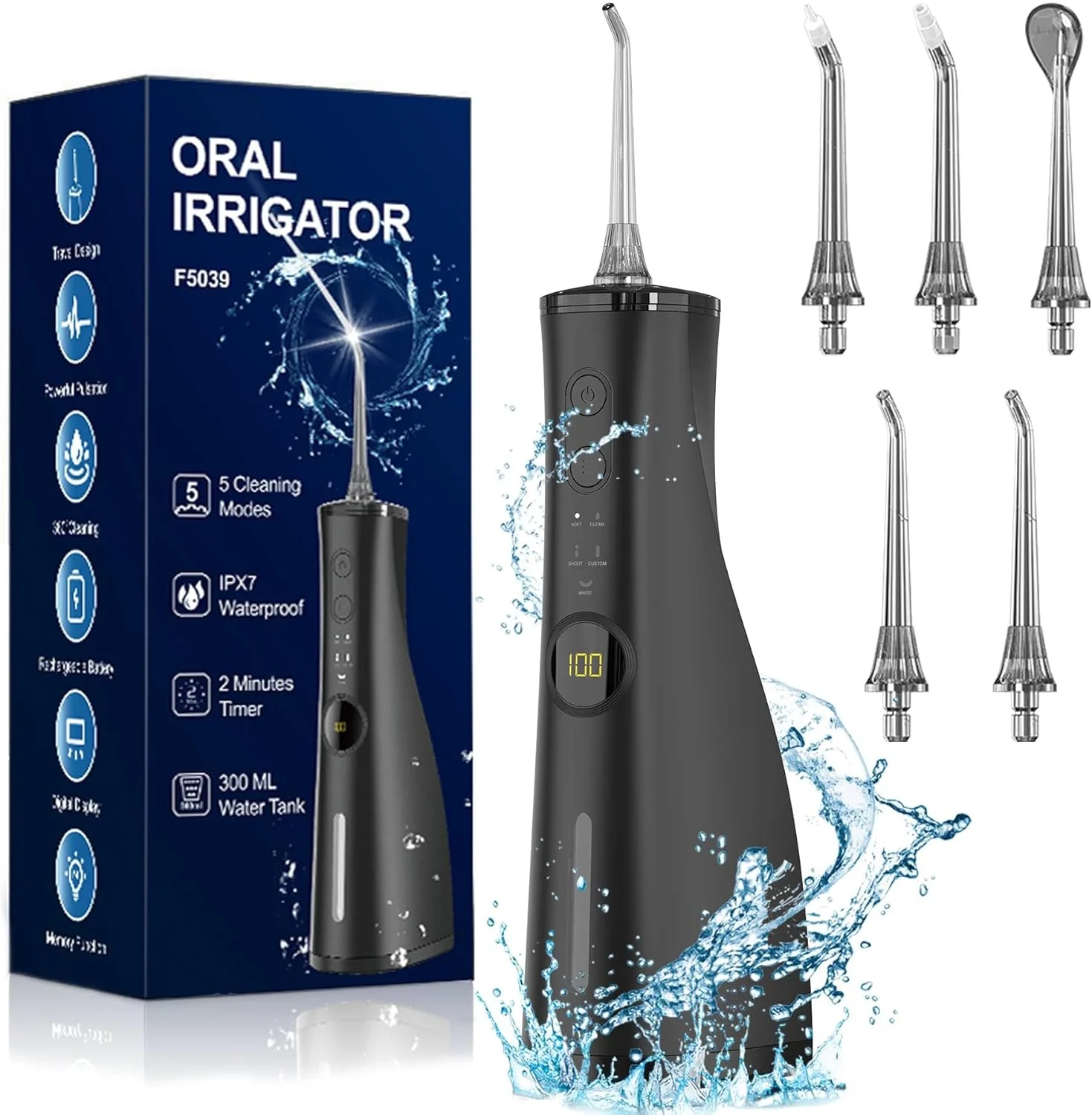 دستگاه شستشوی دهان و دندان آبی ABOBO، حجم مخزن بزرگ 300 میلی لیتر، دارای 5 سری قابل تعویض، ضد آب IPX7، تمیز کننده دندان با آب برای منزل و مسافرت دستگاه شستشوی دهان و دندان آبی ABOBO، حجم مخزن بزرگ 300 میلی لیتر، دارای 5 سری قابل تعویض، ضد آب IPX7، تمیز کننده دندان با آب برای منزل و مسافرت