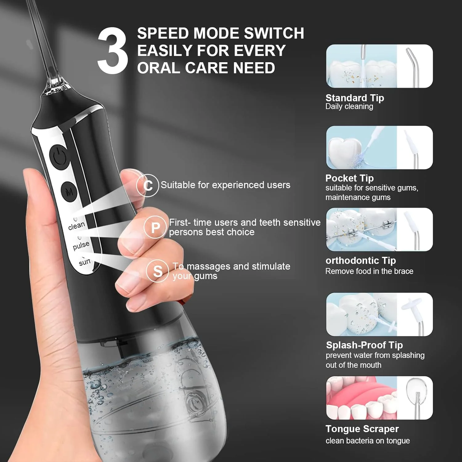 دستگاه شستشوی دهان و دندان بی سیم ACCL، تمیز کننده دندان قابل حمل 350 میلی لیتری، مناسب برای مراقبت از دندان در خانه و مسافرت، 3 حالت با 5 سری و کیف مسافرتی - خاکستری