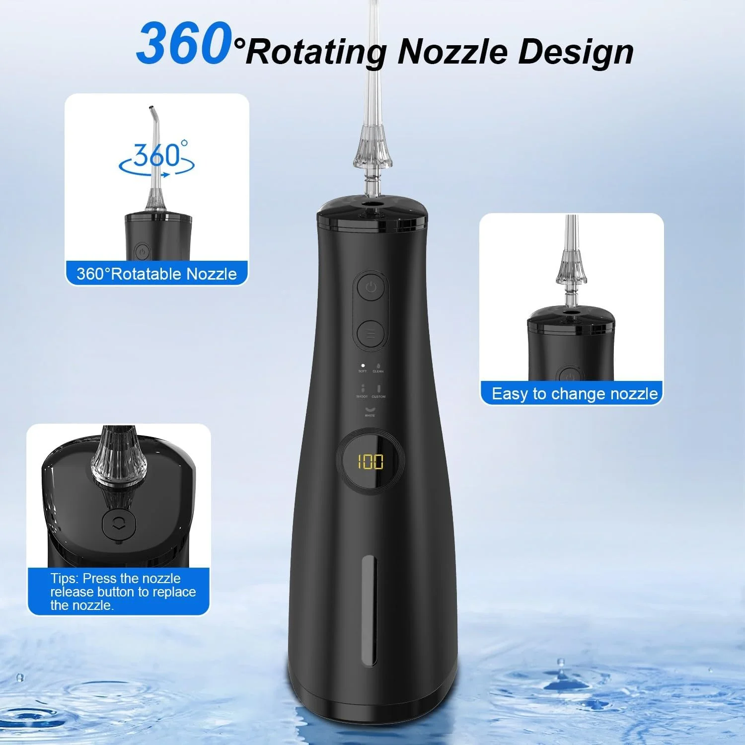 دستگاه شستشوی دهان و دندان آبی ABOBO، حجم مخزن بزرگ 300 میلی لیتر، دارای 5 سری قابل تعویض، ضد آب IPX7، تمیز کننده دندان با آب برای منزل و مسافرت دستگاه شستشوی دهان و دندان آبی ABOBO، حجم مخزن بزرگ 300 میلی لیتر، دارای 5 سری قابل تعویض، ضد آب IPX7، تمیز کننده دندان با آب برای منزل و مسافرت