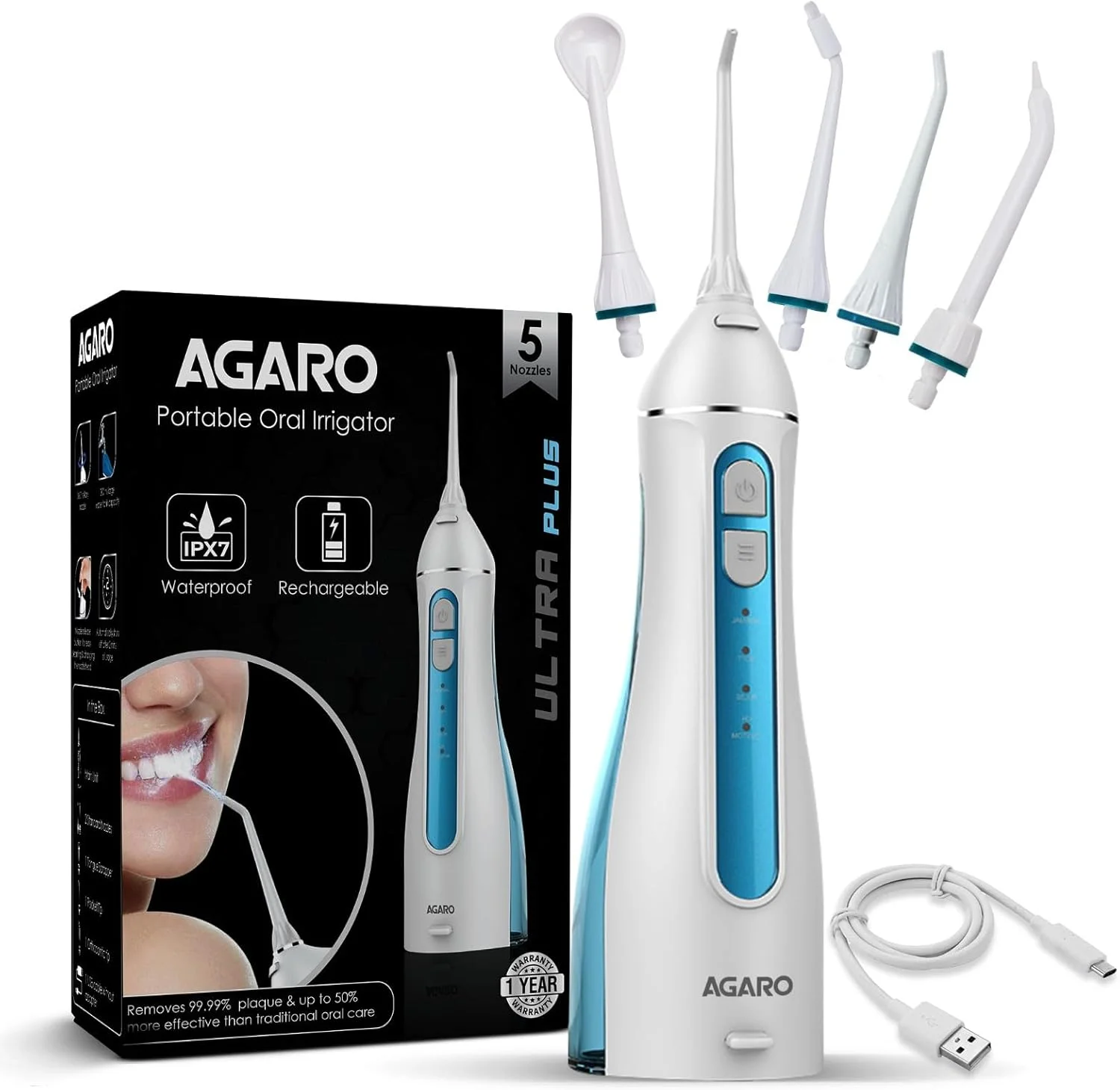 دستگاه شستشوی دهان قابل حمل آگارو Ultra Plus، دارای 5 نازل، قابل حمل، بی سیم و قابل شارژ، 4 حالت تمیز کردن، ضد آب IPX7 با مخزن آب 200 میلی لیتری، مناسب برای استفاده در خانه و مسافرت، نخ دندان آبی برای دندان دستگاه شستشوی دهان قابل حمل آگارو Ultra Plus، دارای 5 نازل، قابل حمل، بی سیم و قابل شارژ، 4 حالت تمیز کردن، ضد آب IPX7 با مخزن آب 200 میلی لیتری، مناسب برای استفاده در خانه و مسافرت، نخ دندان آبی برای دندان