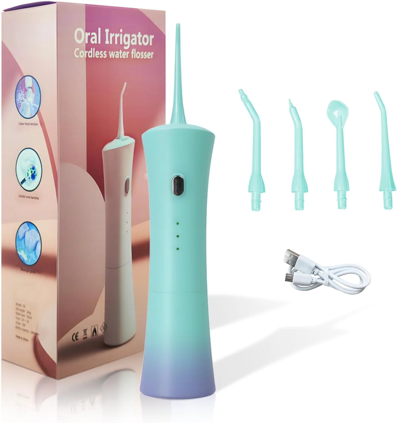واتر فلاسر دندان، نخ دندان آبی بی سیم با 3 حالت، ضد آب IPX7 و قابل حمل، تمیز کننده دندان قابل شارژ، سبز و بنفش