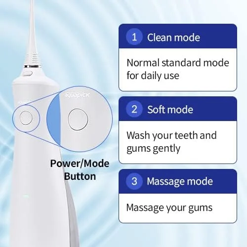 واتر فلاسر آکواپیک مدل AQ-230، دستگاه شستشوی دهان و دندان حرفه‌ای، بی‌سیم، قابل حمل و شارژ، مناسب برای مسافرت و منزل، ضد آب IPX7، دارای 3 حالت شستشو، مخزن آب 200 میلی‌لیتری به همراه 2 سری
