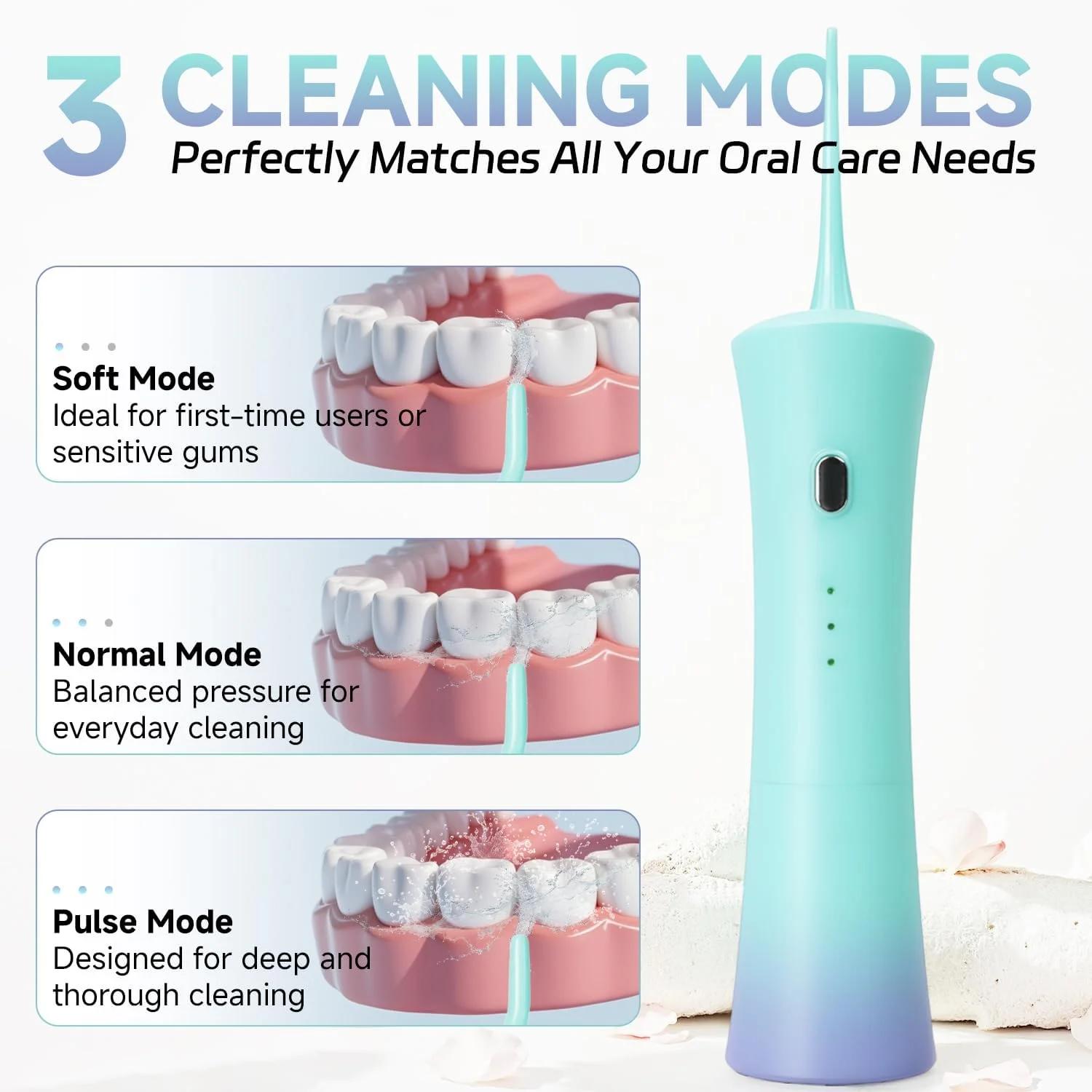 واتر فلاسر دندان، نخ دندان آبی بی سیم با 3 حالت، ضد آب IPX7 و قابل حمل، تمیز کننده دندان قابل شارژ، سبز و بنفش