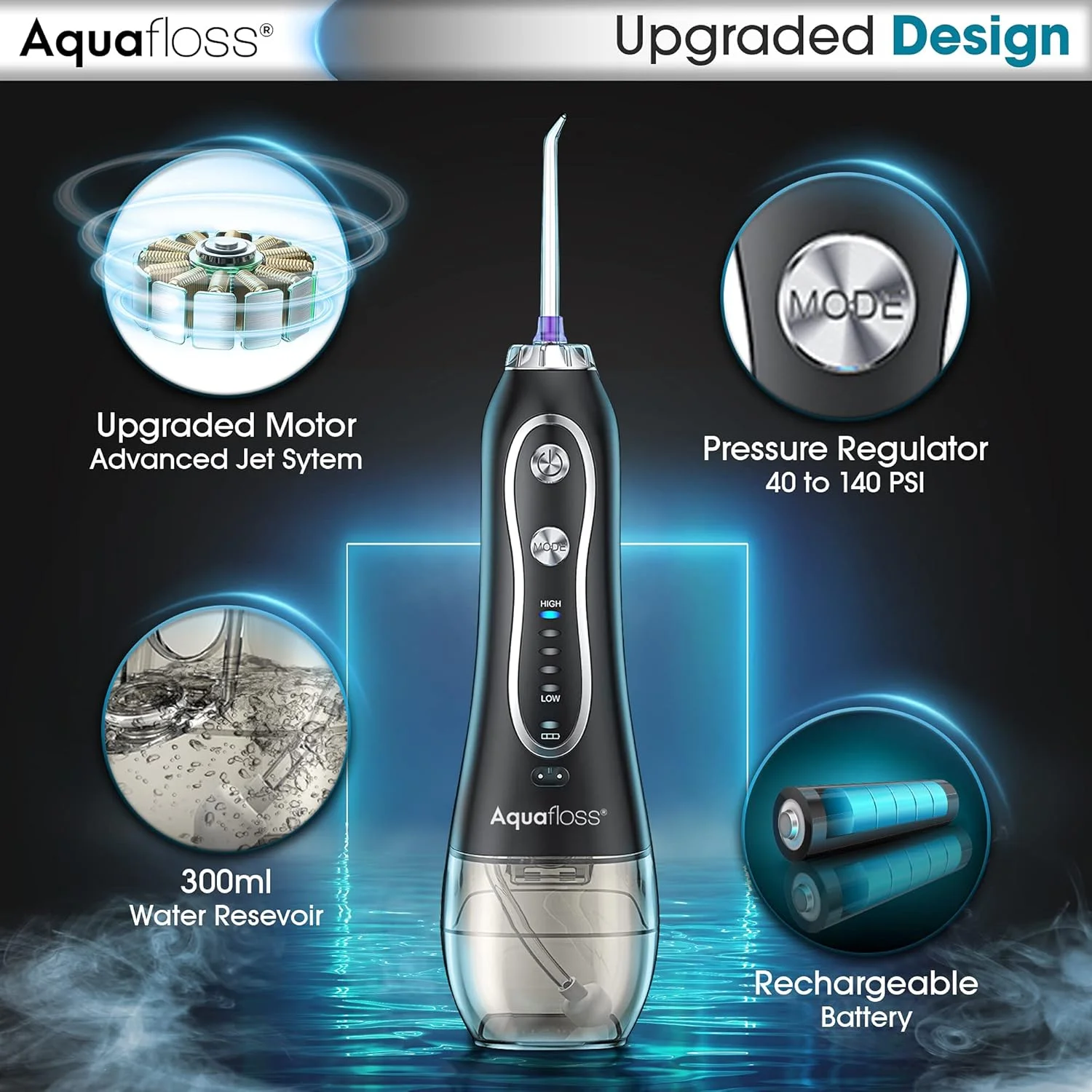 دستگاه شستشوی دهان و دندان بی سیم آکوافلاس AWH با استاندارد ضدآب IPX7، قابل حمل، دارای 5 حالت و 5 سری قابل تعویض (300 میلی لیتر)