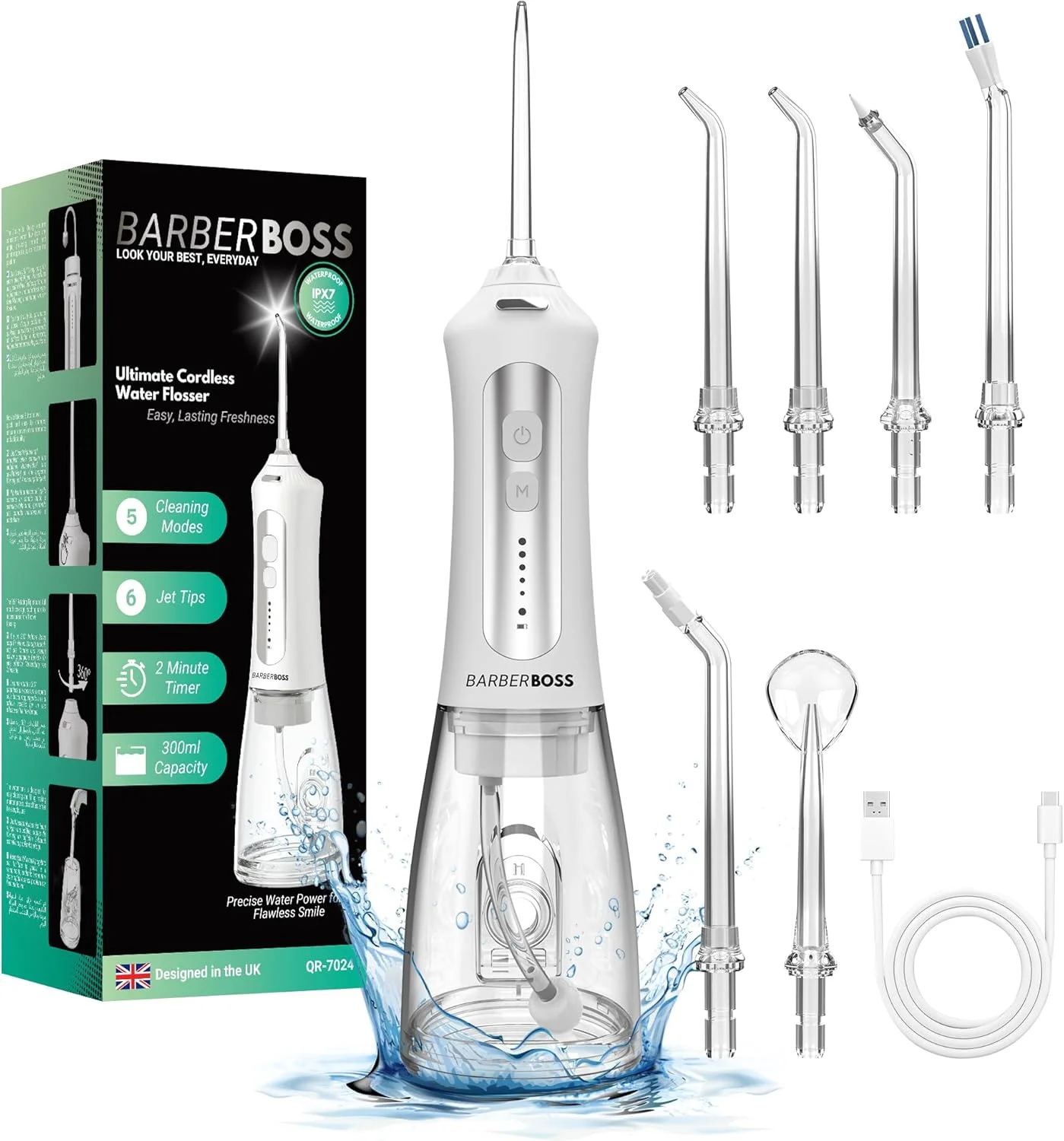 واتر فلاسر BarberBoss، از بین برنده پلاک دندان، دستگاه شستشوی دهان، واتر فلاسر برقی دندان، دستگاه شستشوی دندان با 5 سری جت و حالت تمیز کننده، واتر فلاسر قابل حمل، تمیز کننده دندان، QR-7024، (سفید)