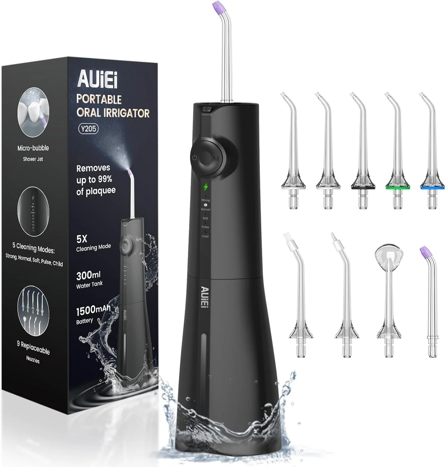 دستگاه شستشوی دهان و دندان: دارای 9 سری جت، بدون سیم، مخزن 300 میلی لیتری، 5 حالت، قابل حمل، ضد آب IPX7، قابل شارژ، مناسب منزل و مسافرت، مشکی