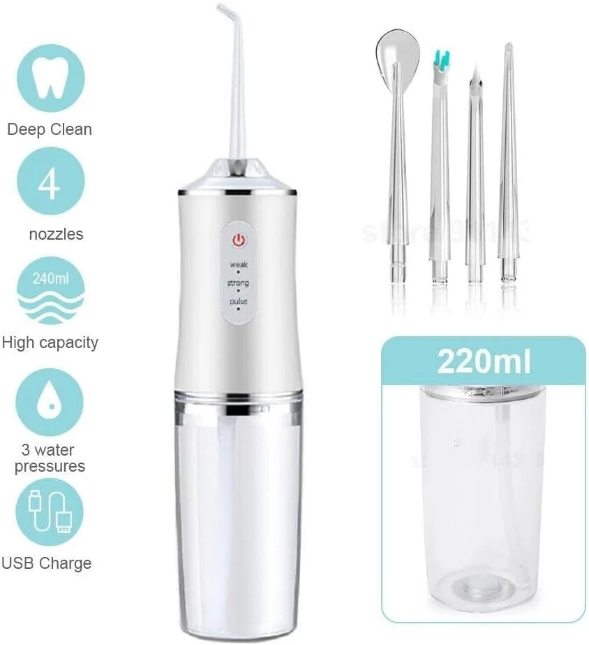 دستگاه آبیاری دهان و دندان برقی 220 میلی لیتری، بی سیم و قابل شارژ USB، دارای 4 نازل و 3 حالت فشار، تمیز کننده و سفید کننده دندان، 4 سری جت ضد آب IPX7 (سفید)
