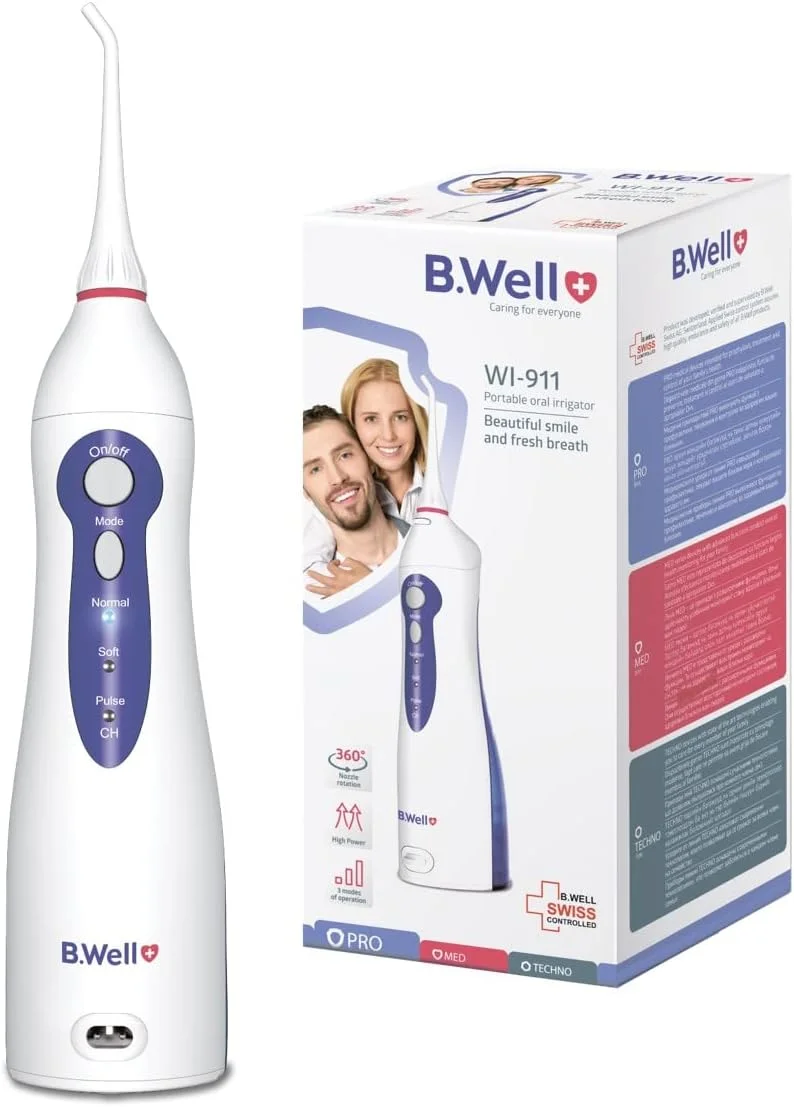 دستگاه شستشوی دهان قابل حمل B.Well WI-911 با 3 حالت، 2 سری و آداپتور شارژر باتری لیتیوم-یون