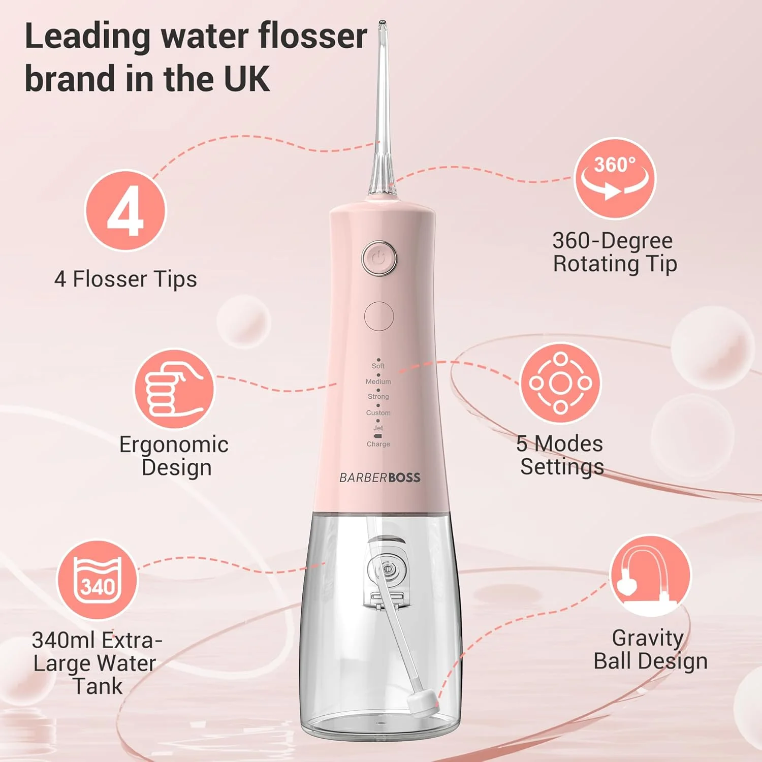 واتر فلاسر BarberBoss، نخ دندان برقی شارژی، 5 حالت فشار، واتر فلاسر دندانی ضد آب IPX8، دستگاه آبیاری دهان و دندان قابل حمل برای مراقبت از لثه، کیت تمیز کردن دندان (صورتی پاستلی)