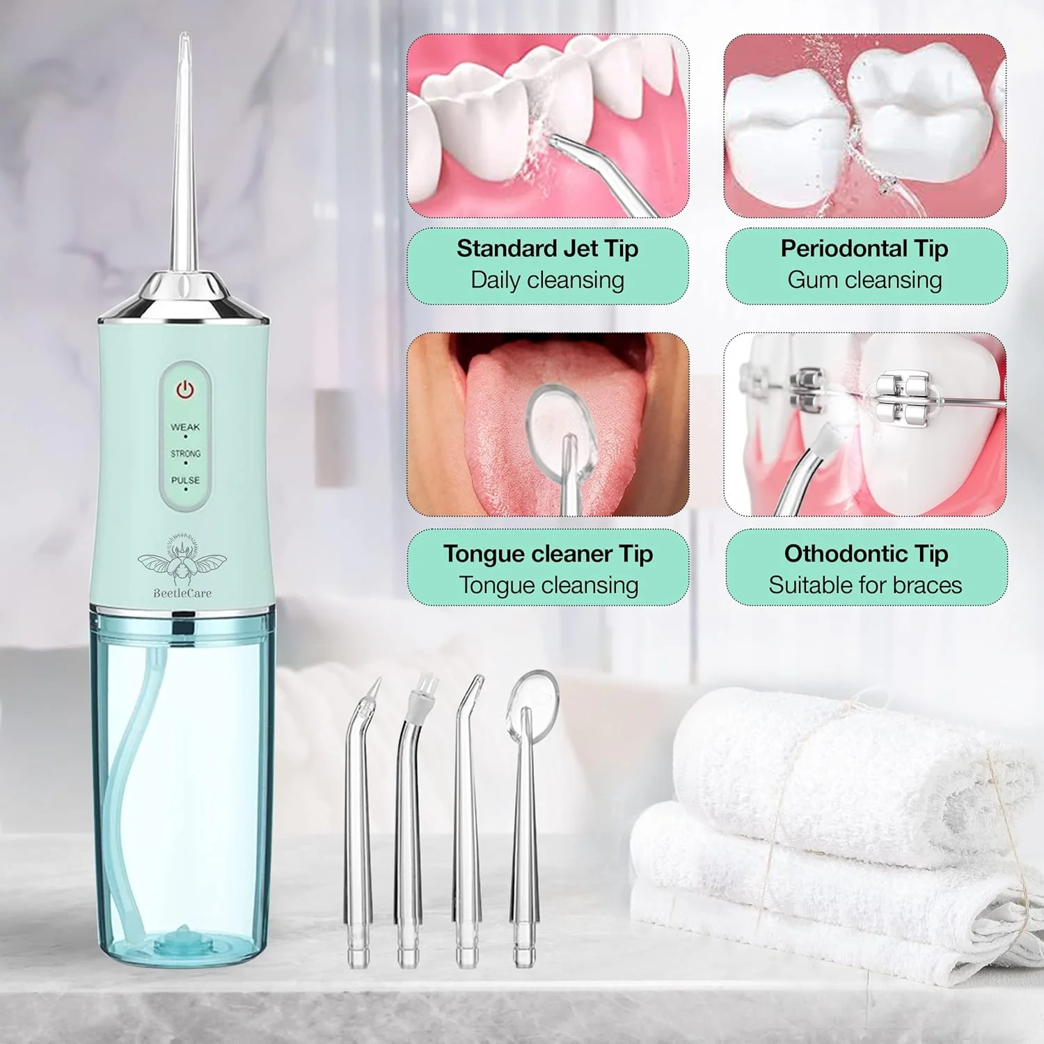 دستگاه شستشوی دهان و دندان BeetleCare بی سیم با 4 سری مختلف و 3 حالت فشار آب متفاوت (رنگ های مختلف)