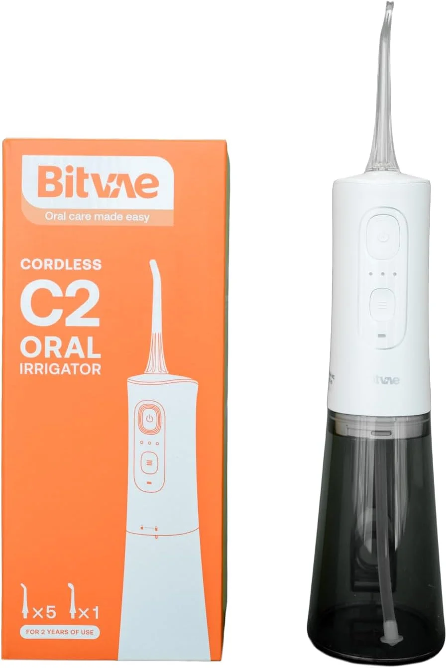 واتر فلاسر بی سیم Bitvae C2 – سفید، دستگاه شستشوی دهان قابل شارژ با 5 حالت فشار، 6 نازل قابل تعویض، مخزن آب 300 میلی لیتری، ضد آب IPX7، قابل حمل برای خانه و مسافرت