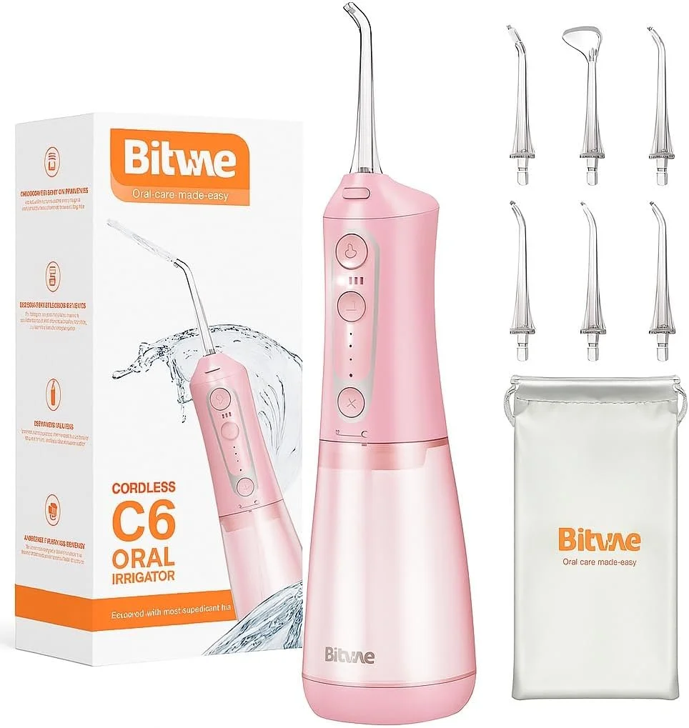 واتر فلاسر بی سیم بیت وی مدل C6 برای دندان و لثه - 5 حالت، 6 سری، قابل شارژ، دستگاه آبیاری دهان قابل حمل برای مسافرت و خانه، صورتی
