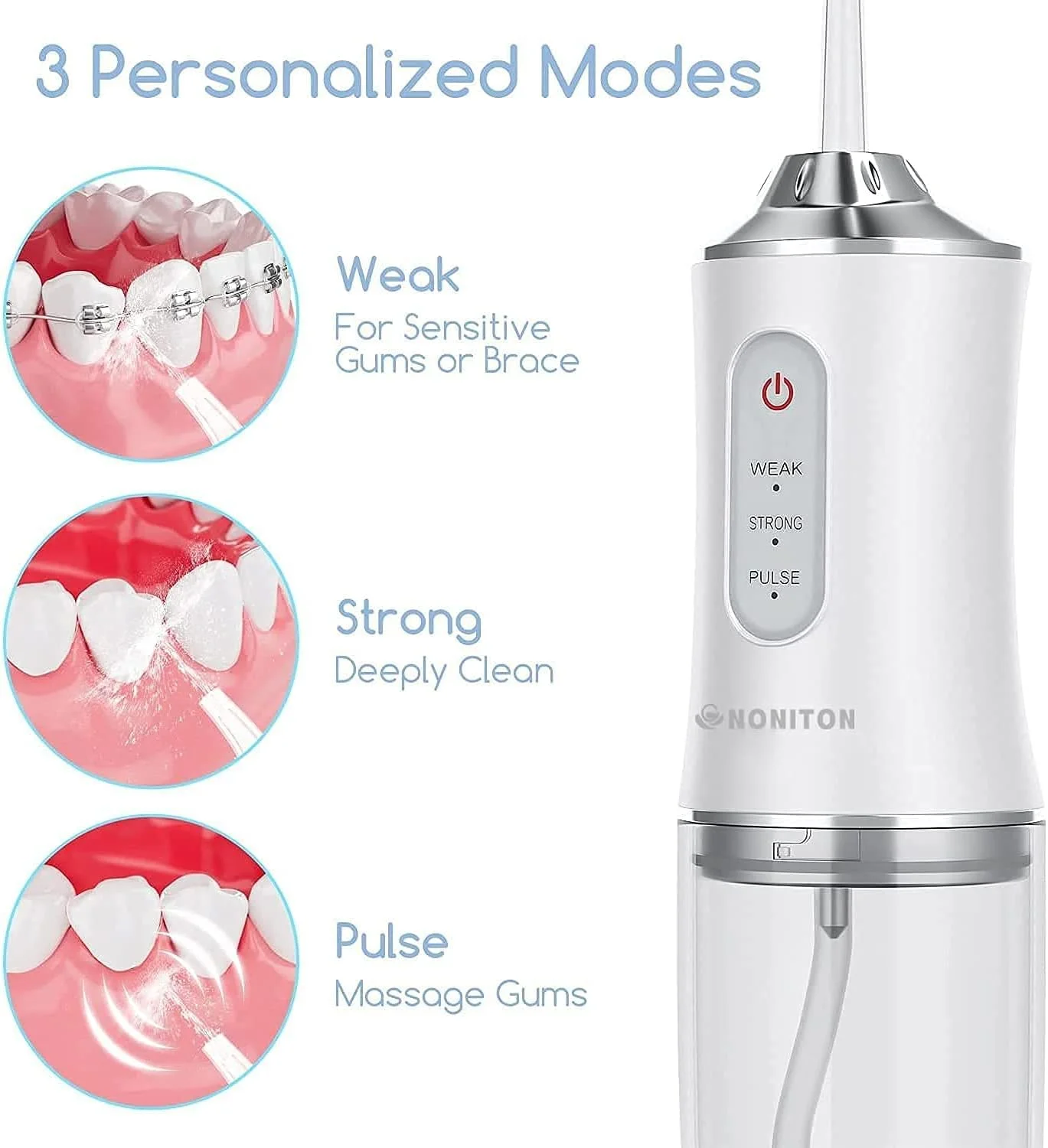 دستگاه شستشوی دهان و دندان با 3 حالت، نخ دندان آبی بی سیم، ضد آب IPX7، قابل حمل و شارژی برای خانه و مسافرت (سفید)