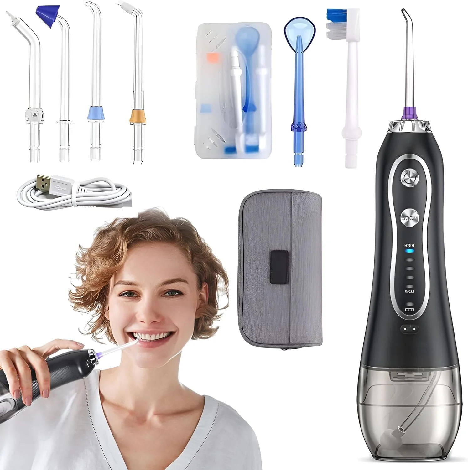 دستگاه شستشوی دهان و دندان BORTONY، آبیاری دهانی قابل حمل با 5 حالت و 6 سری جت، ضد آب IPX7 قابل شارژ برای تمیز کردن دندان ها، مخزن جداشدنی 300 میلی لیتری