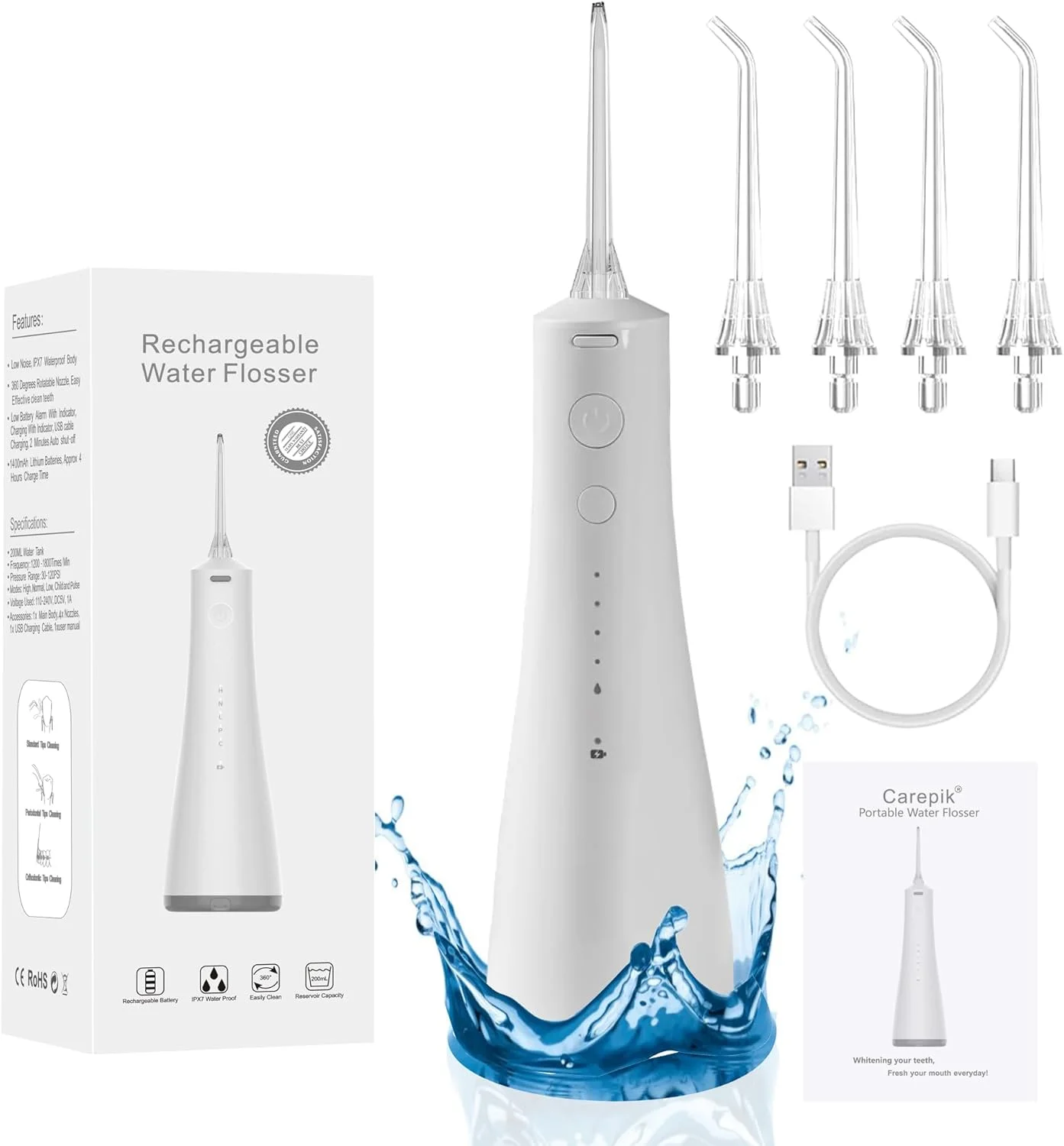 واتر فلاسر بی سیم Carepik Professional برای تمیز کردن دندان، دستگاه شستشوی دهان حرفه ای برای مسافرت های خانگی، قابل حمل و شارژ با 5 حالت IPX7 ضد آب به همراه 4 سری جت