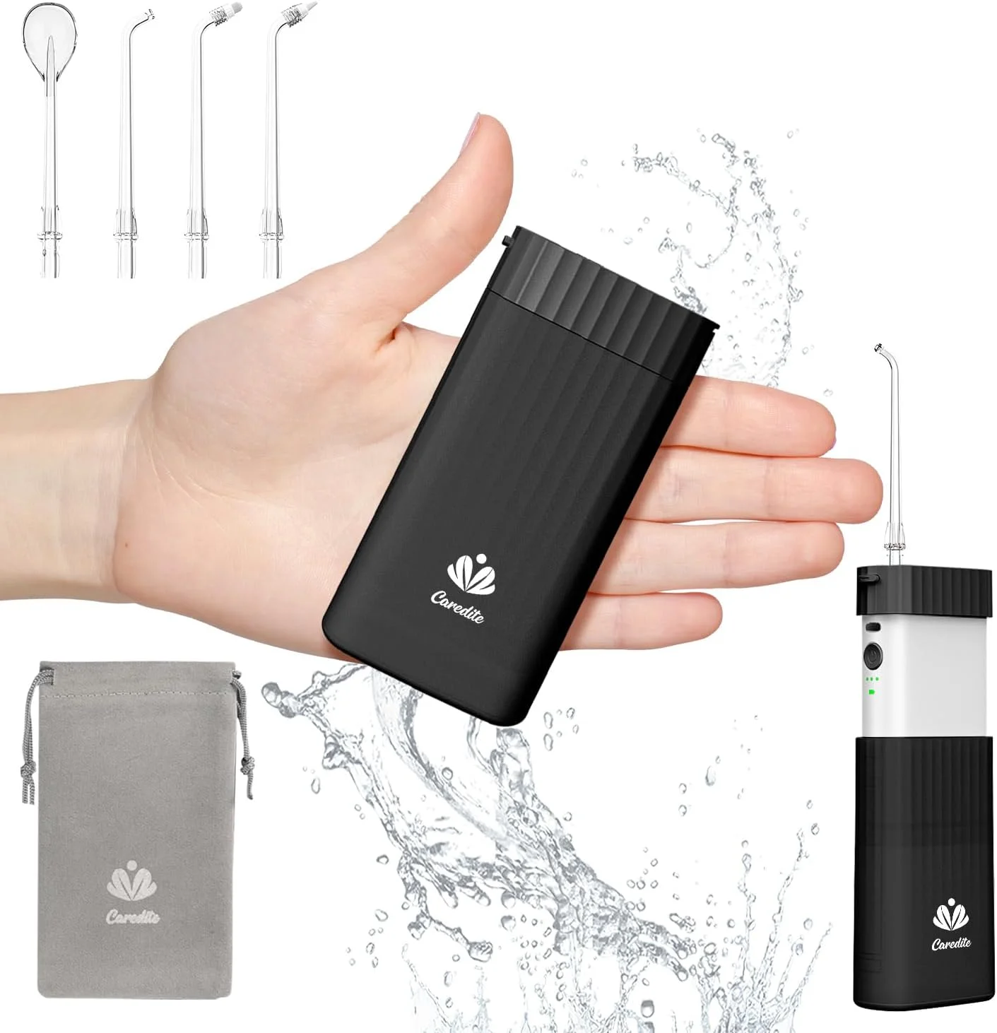 واتر فلاسر کوچک بی سیم Caredite، تمیز کننده دندان قابل حمل، انتخابگرهای نخ دندان برقی قابل شارژ برای مسافرت و خانه، 4 سری، 3 حالت، ضد آب IPX7 برای مراقبت از دندان و ارتودنسی، مشکی