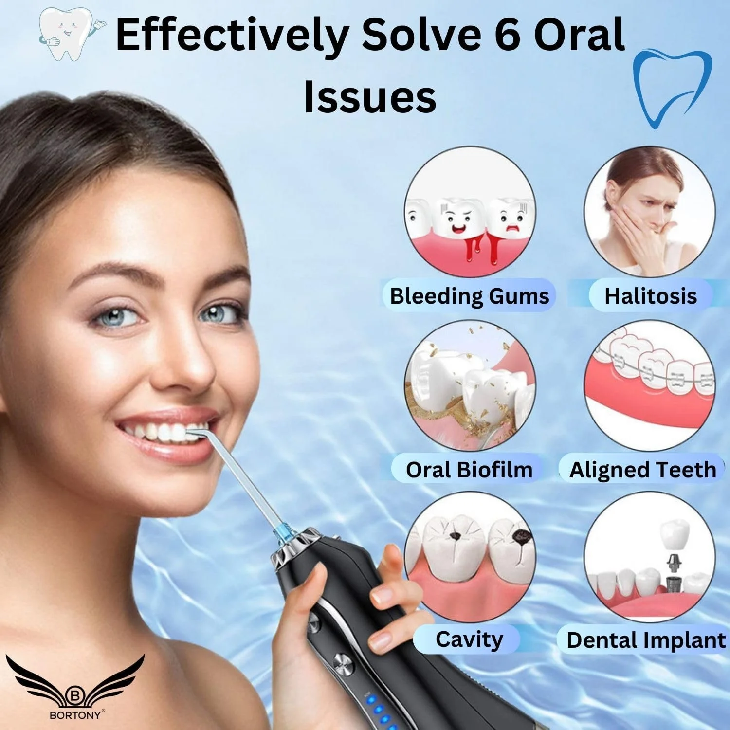 دستگاه شستشوی دهان و دندان BORTONY، آبیاری دهانی قابل حمل با 5 حالت و 6 سری جت، ضد آب IPX7 قابل شارژ برای تمیز کردن دندان ها، مخزن جداشدنی 300 میلی لیتری