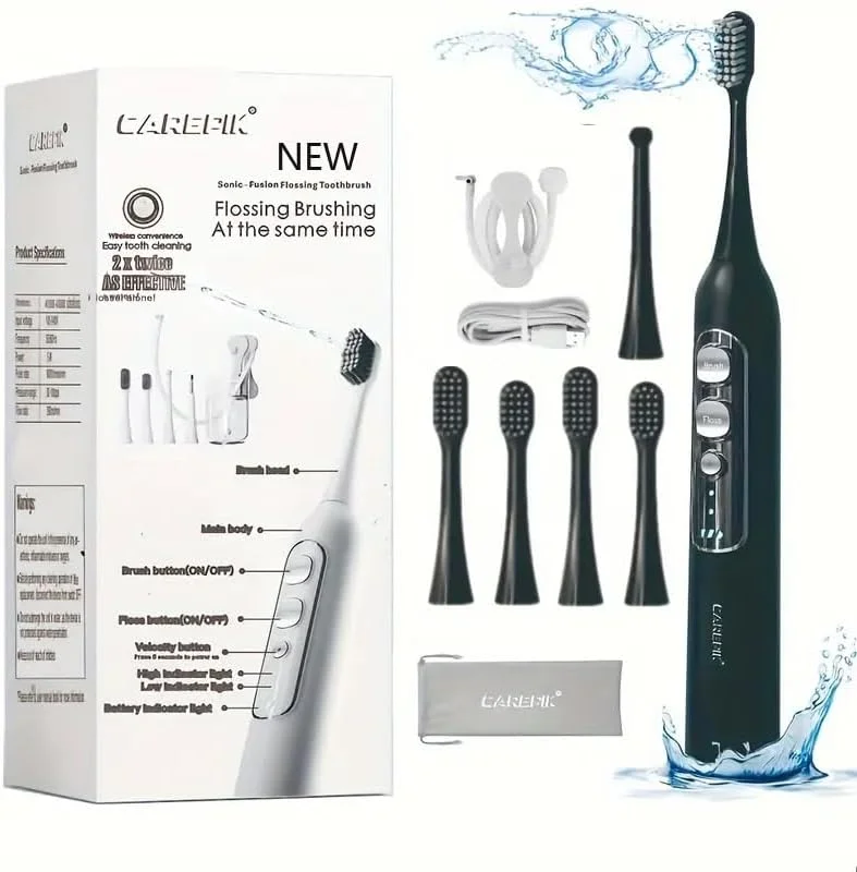 مسواک برقی Carepik با نخ دندان، مسواک پیشرفته 2 در 1 بدون سیم حرفه ای با نخ دندان، واحد مسواک (بسته 1 عددی) مشکی