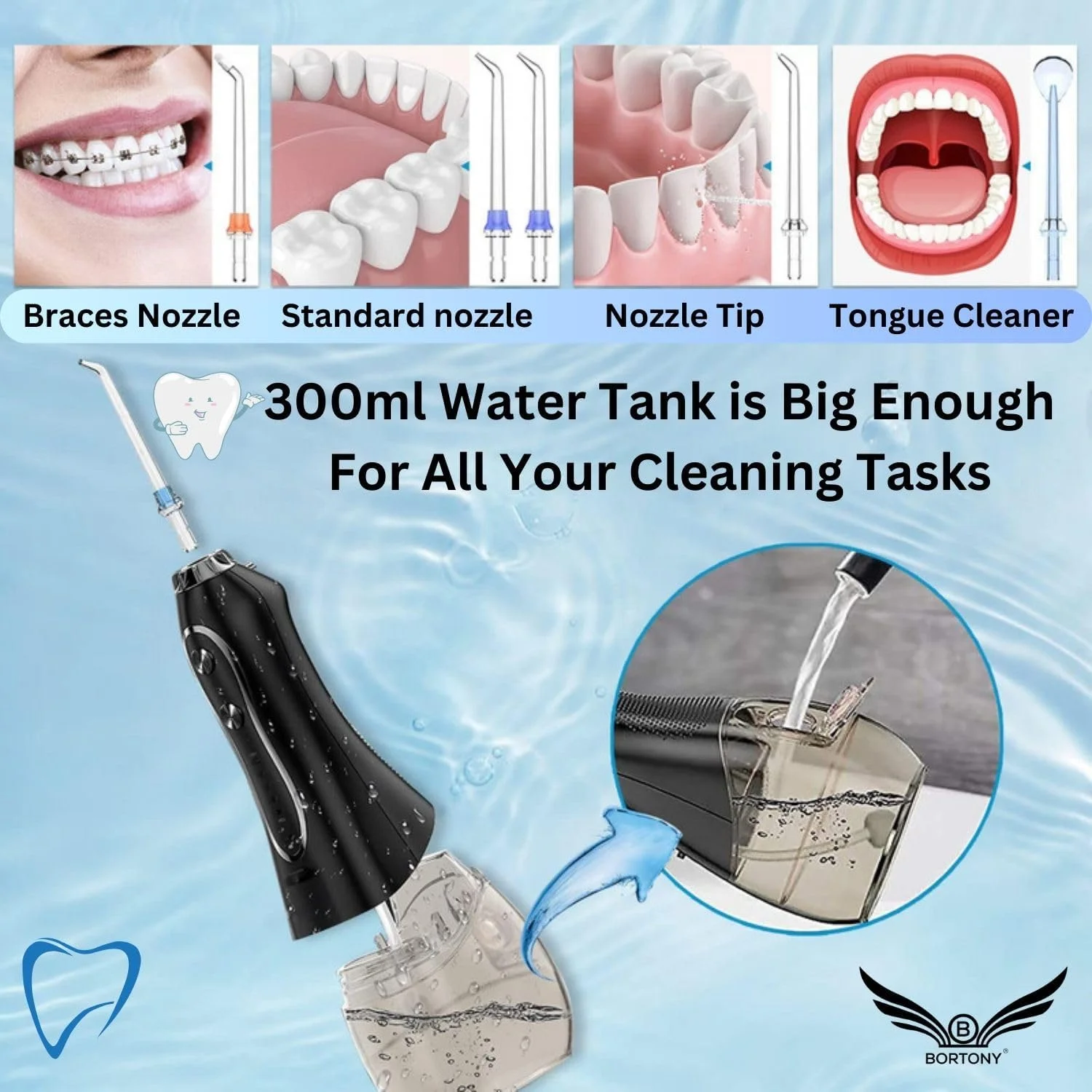 دستگاه شستشوی دهان و دندان BORTONY، آبیاری دهانی قابل حمل با 5 حالت و 6 سری جت، ضد آب IPX7 قابل شارژ برای تمیز کردن دندان ها، مخزن جداشدنی 300 میلی لیتری