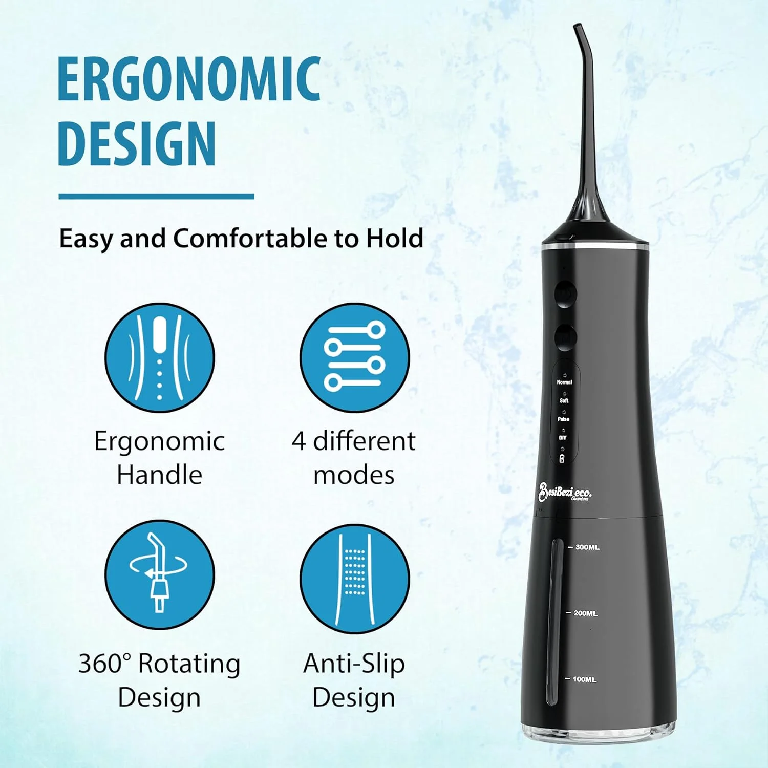 دستگاه شستشوی دهان و دندان قابل شارژ BosiBozi، 4 حالت بی‌سیم و قابل حمل، مخزن 300 میلی‌لیتری، ضدآب IPX7، کابل شارژ USB-C، 3 سری جت، 1 زبان شوی (مشکی)