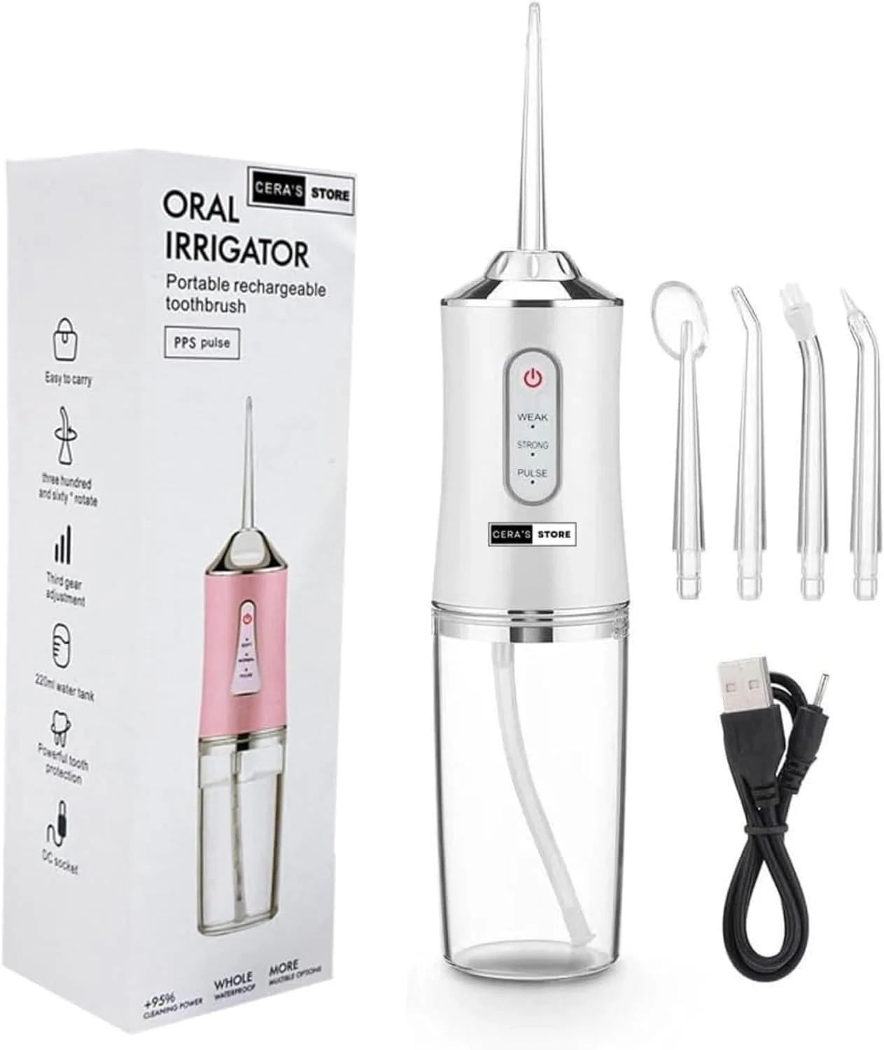 دستگاه شستشوی دهان و دندان CERA'S STORE، مسواک قابل حمل و شارژی، 3 حالت فشار آب، 4 سری نازل، مخزن آب 220 میلی لیتری، سفید