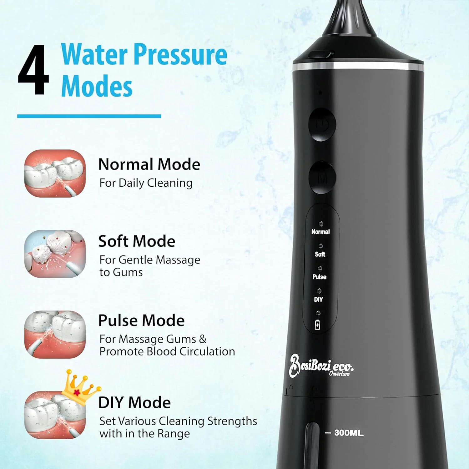 دستگاه شستشوی دهان و دندان قابل شارژ BosiBozi، 4 حالت بی‌سیم و قابل حمل، مخزن 300 میلی‌لیتری، ضدآب IPX7، کابل شارژ USB-C، 3 سری جت، 1 زبان شوی (مشکی)