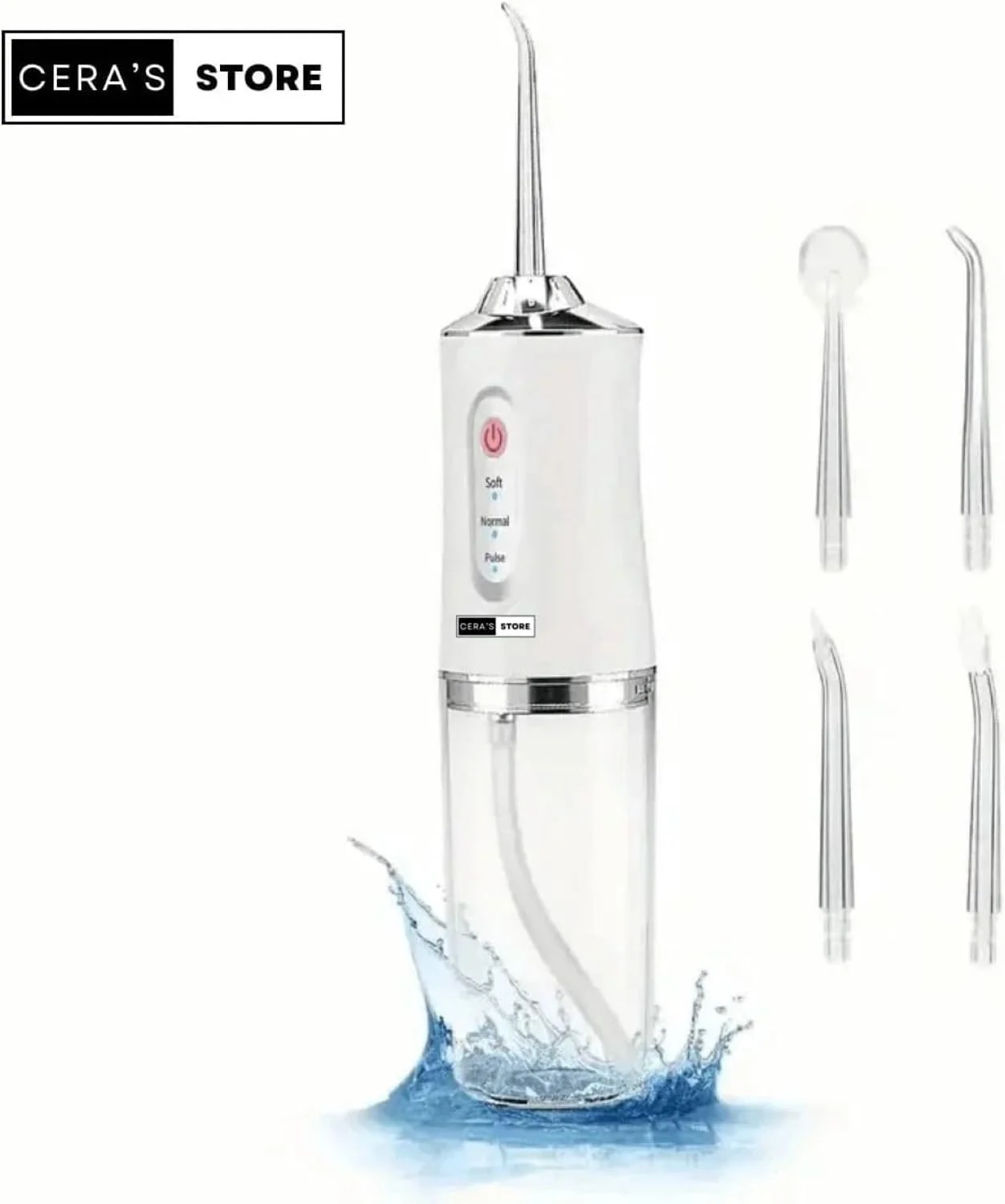 دستگاه شستشوی دهان و دندان CERA'S STORE، مسواک قابل حمل و شارژی، 3 حالت فشار آب، 4 سری نازل، مخزن آب 220 میلی لیتری، سفید