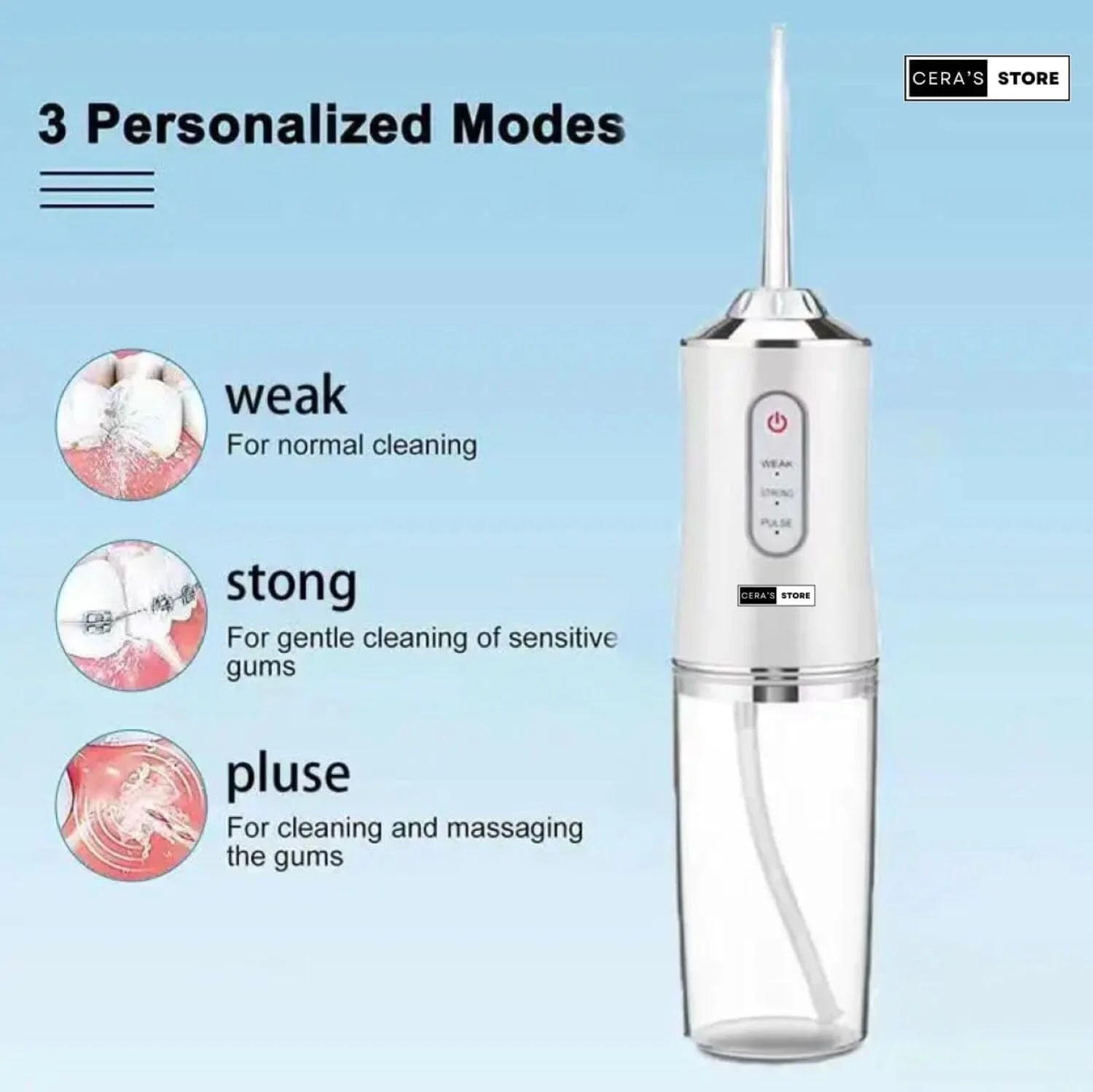 دستگاه شستشوی دهان و دندان CERA'S STORE، مسواک قابل حمل و شارژی، 3 حالت فشار آب، 4 سری نازل، مخزن آب 220 میلی لیتری، سفید