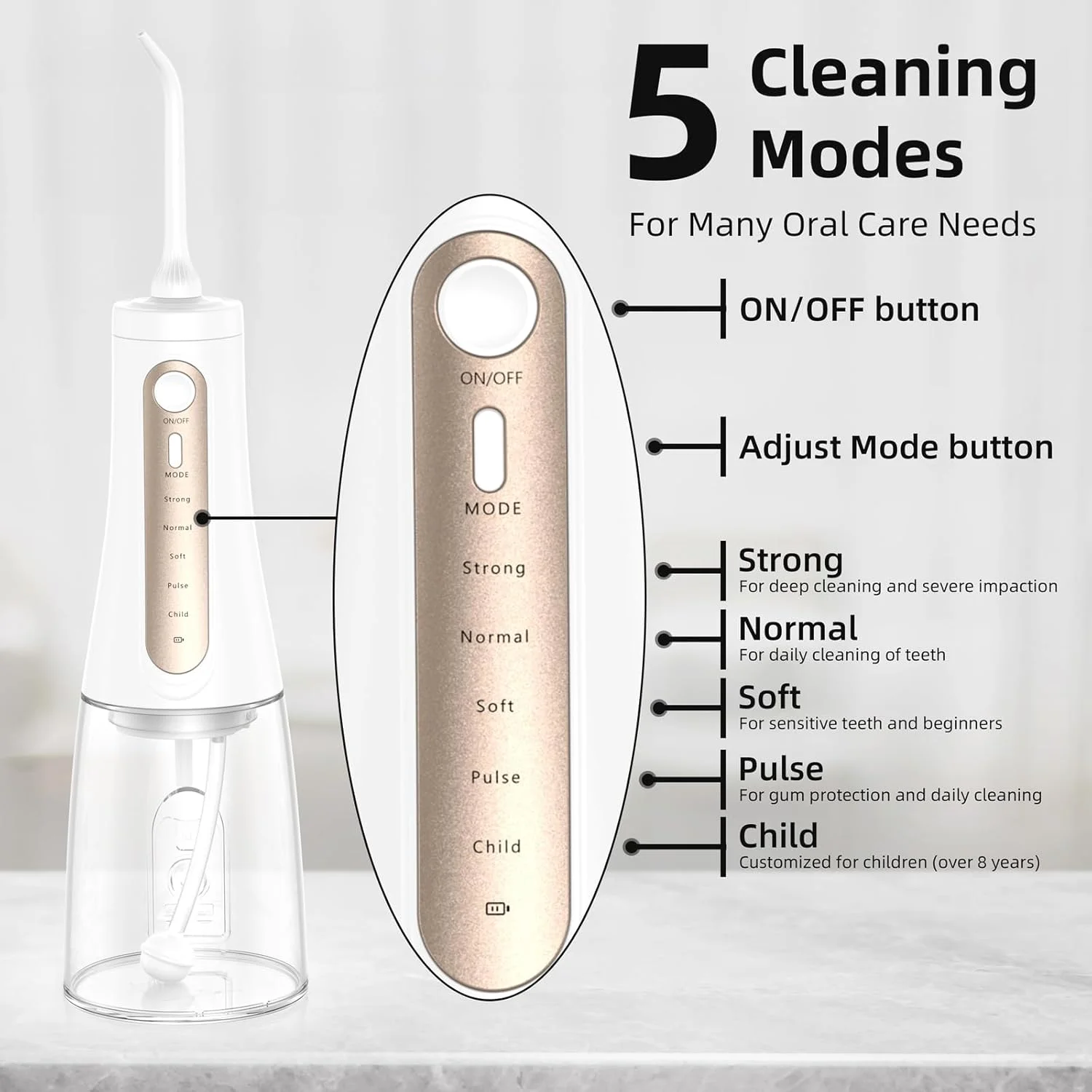 واتر فلاسر برای تمیز کردن دندان، دستگاه آبیاری دهان و دندان بی سیم حرفه ای با 5 حالت و 4 سری جت، قابل شارژ USB-C، ضد آب IPX7، انتخاب کننده دندان آبی برای مسافرت و منزل