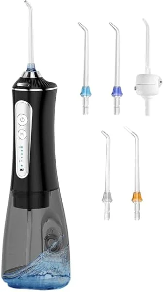 دستگاه نخ دندان آبی بی سیم | 5 حالت تمیز کردن و فشار آب قوی | دستگاه آبی قابل حمل IPX7 ضد آب برای تمیز کردن دندان در خانه و مسافرت (مشکی)