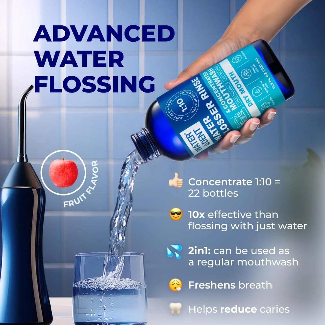 محلول شستشوی دهان خشک | قابل استفاده در دستگاه‌های نخ دندان آبی | طعم ملایم نعناع و میوه | نسبت 1:10 = 5.5 لیتر | بدون الکل، بدون فلوراید. ساخت آمریکا (غیر پزشکی)