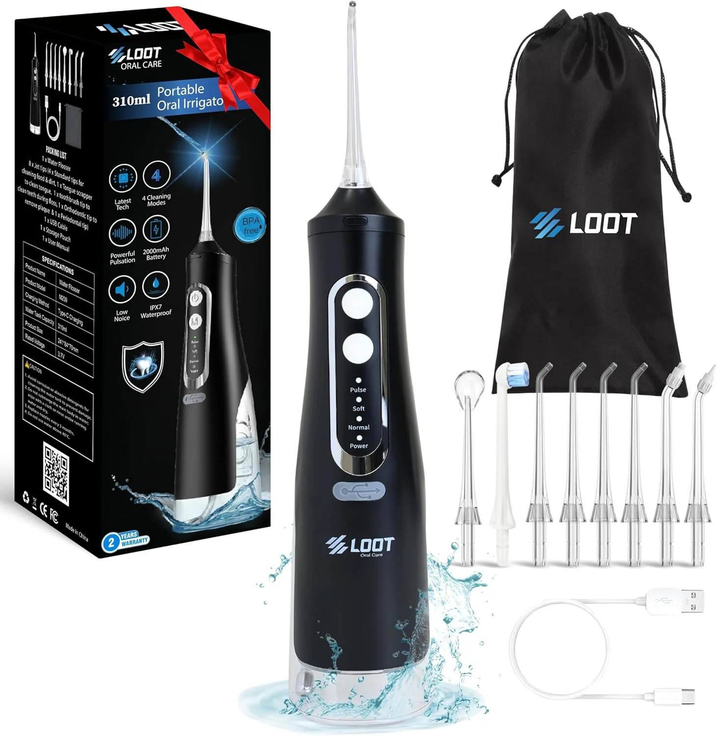 دستگاه شستشوی دهان و دندان بی سیم، نخ دندان برقی 310 میلی لیتری با 4 حالت تمیز کردن و 8 سری قابل تعویض، نخ دندان آبی برقی ضد آب IPX7 برای تمیز کردن دندان (8 سری)