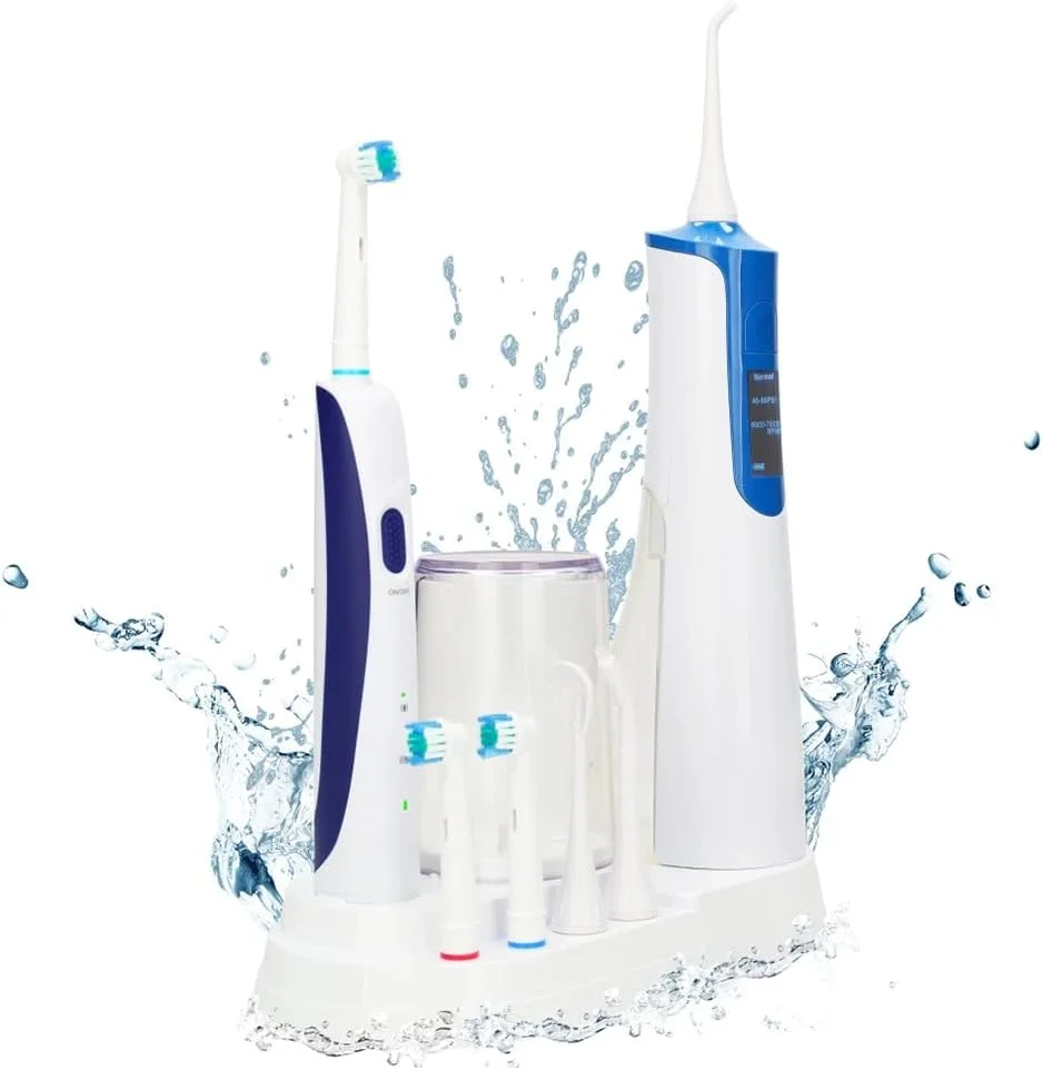 ست مسواک برقی و نخ دندان آبی بی سیم برای تمیز کردن دندان، مسواک زدن و نخ دندان کشیدن ارتودنسی، دستگاه شستشوی دهان برقی برای بزرگسالان، 4 عدد سری مسواک