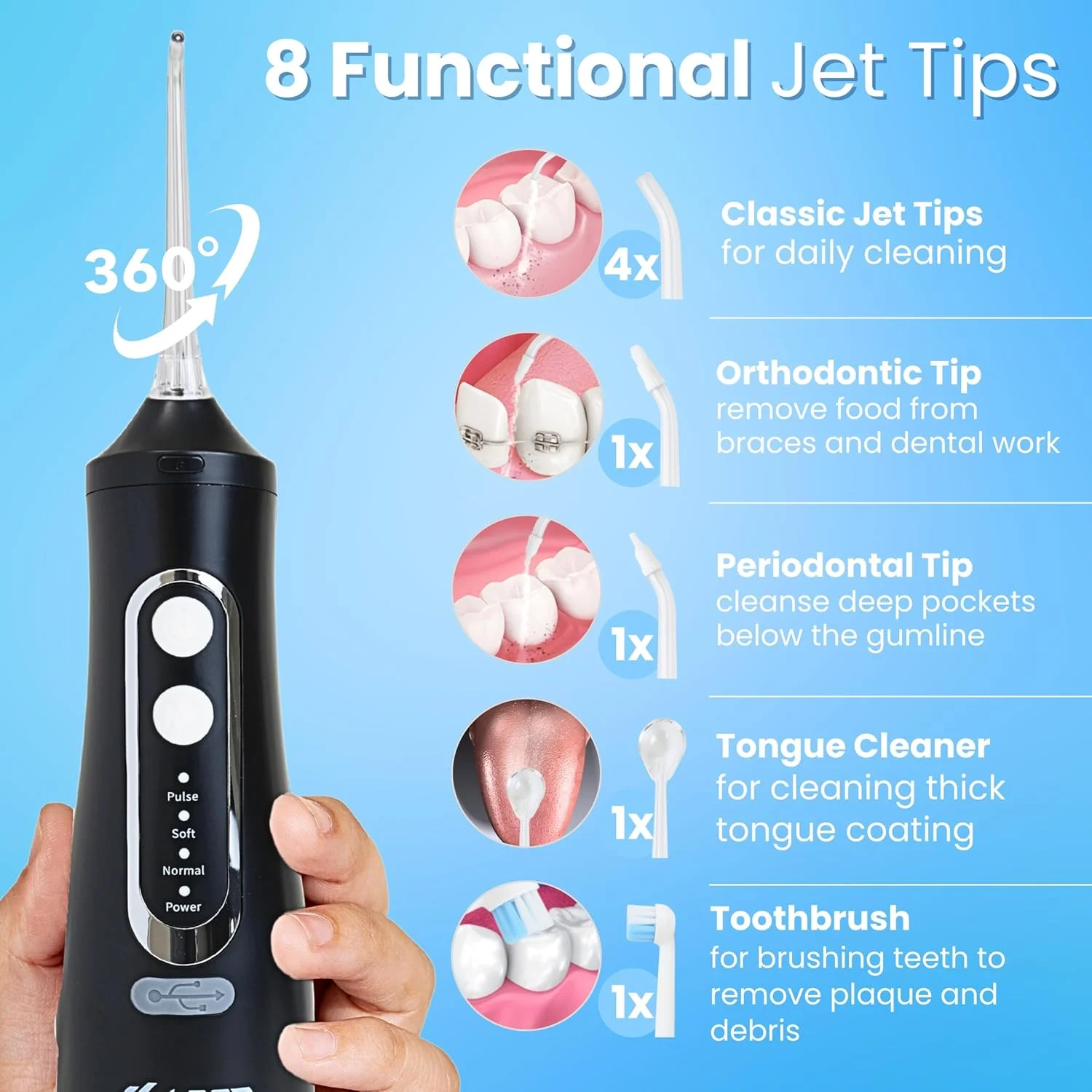 دستگاه شستشوی دهان و دندان بی سیم، نخ دندان برقی 310 میلی لیتری با 4 حالت تمیز کردن و 8 سری قابل تعویض، نخ دندان آبی برقی ضد آب IPX7 برای تمیز کردن دندان (8 سری)