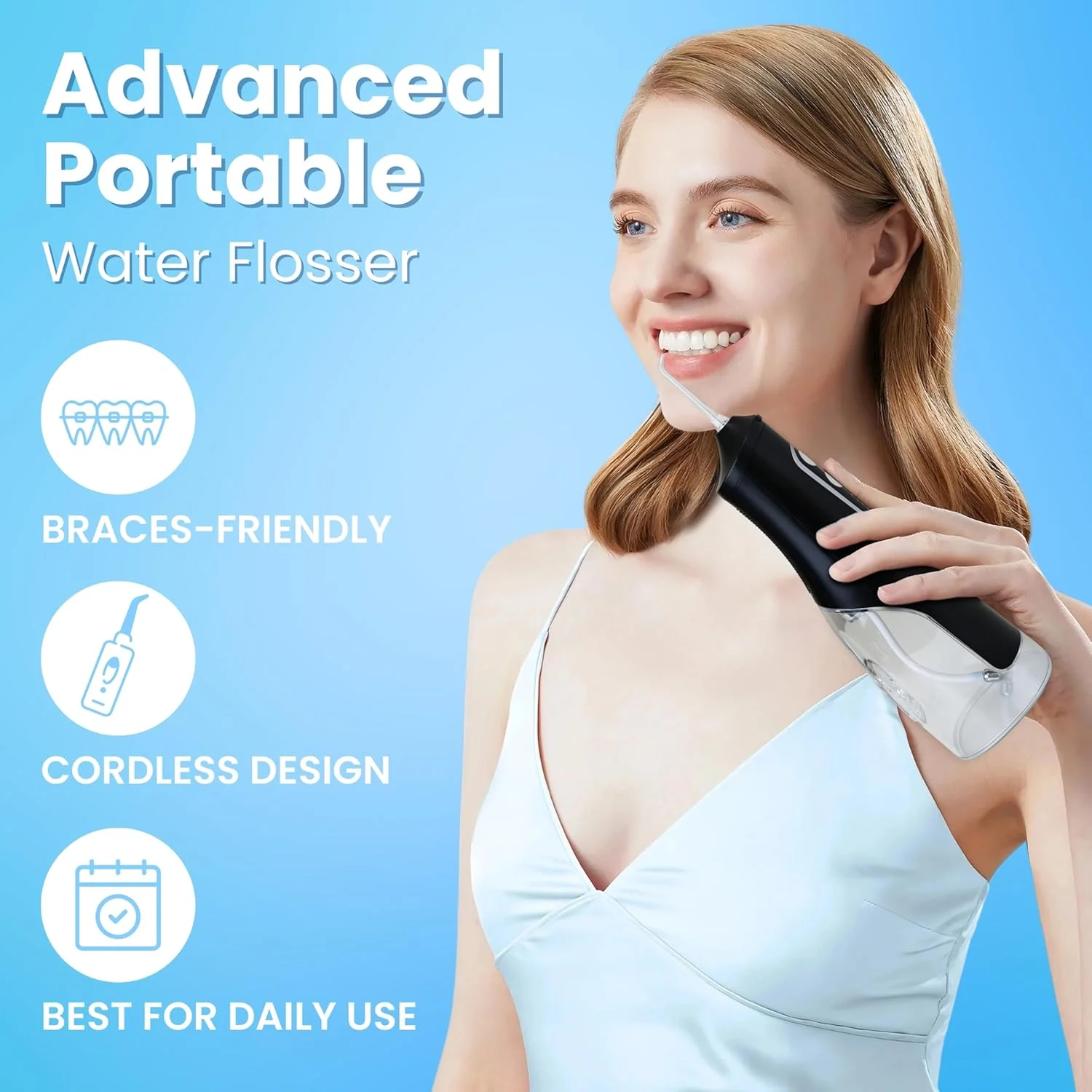 دستگاه شستشوی دهان و دندان بی سیم، نخ دندان برقی 310 میلی لیتری با 4 حالت تمیز کردن و 8 سری قابل تعویض، نخ دندان آبی برقی ضد آب IPX7 برای تمیز کردن دندان (8 سری)