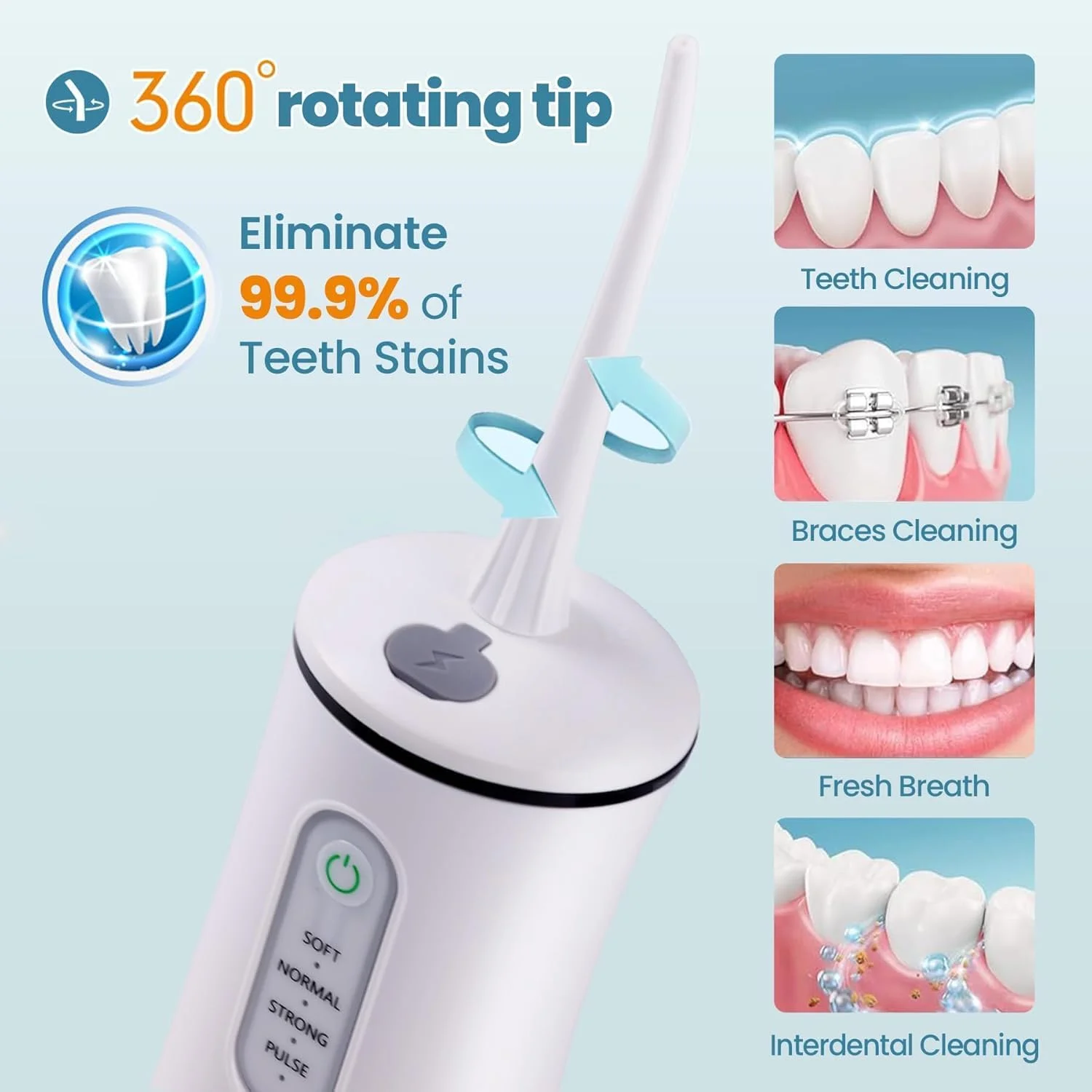 واتر فلاسر دندان، نخ دندان آبی بی سیم، تمیز کننده برقی دندان با 4 حالت و 8 سری، ضد آب IPX7، قابل حمل و شارژی برای خانه و مسافرت، سفید