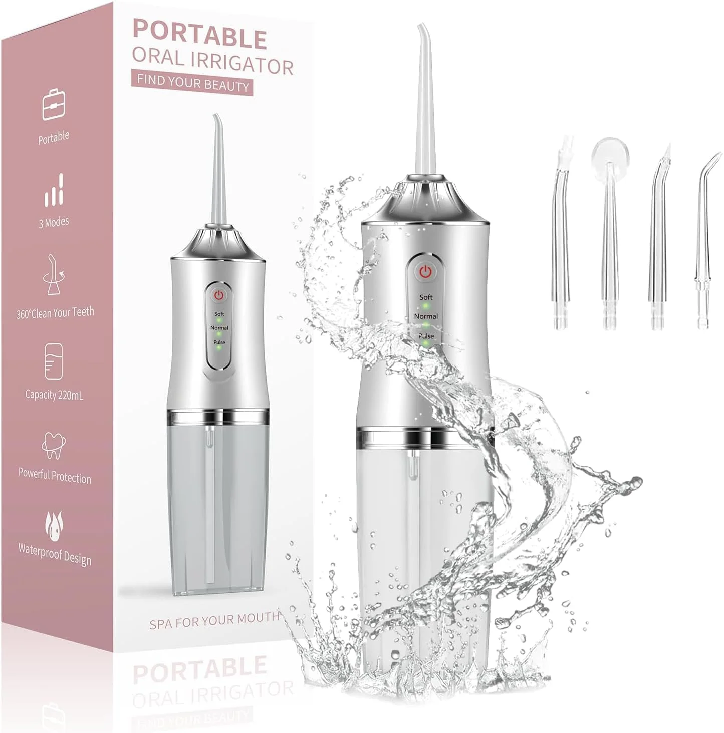 واتر فلاسر دندان بی سیم - دستگاه آبیاری دهان قابل حمل با مخزن 230 میلی لیتری، 4 سری جت و 3 حالت فشار - قابل شارژ USB و ضد آب، ایده آل برای مسافرت و استفاده در منزل - رنگ صورتی